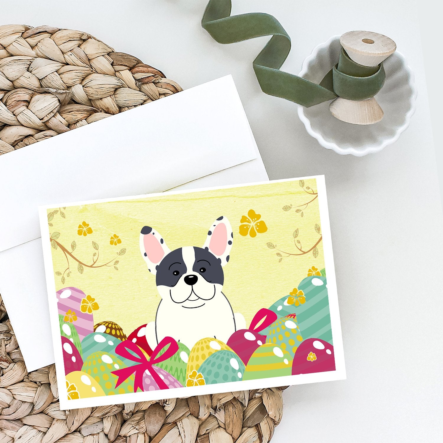 Easter Eggs French Bulldog Piebald Greeting Cards and Envelopes Pack of 8 - the-store.com