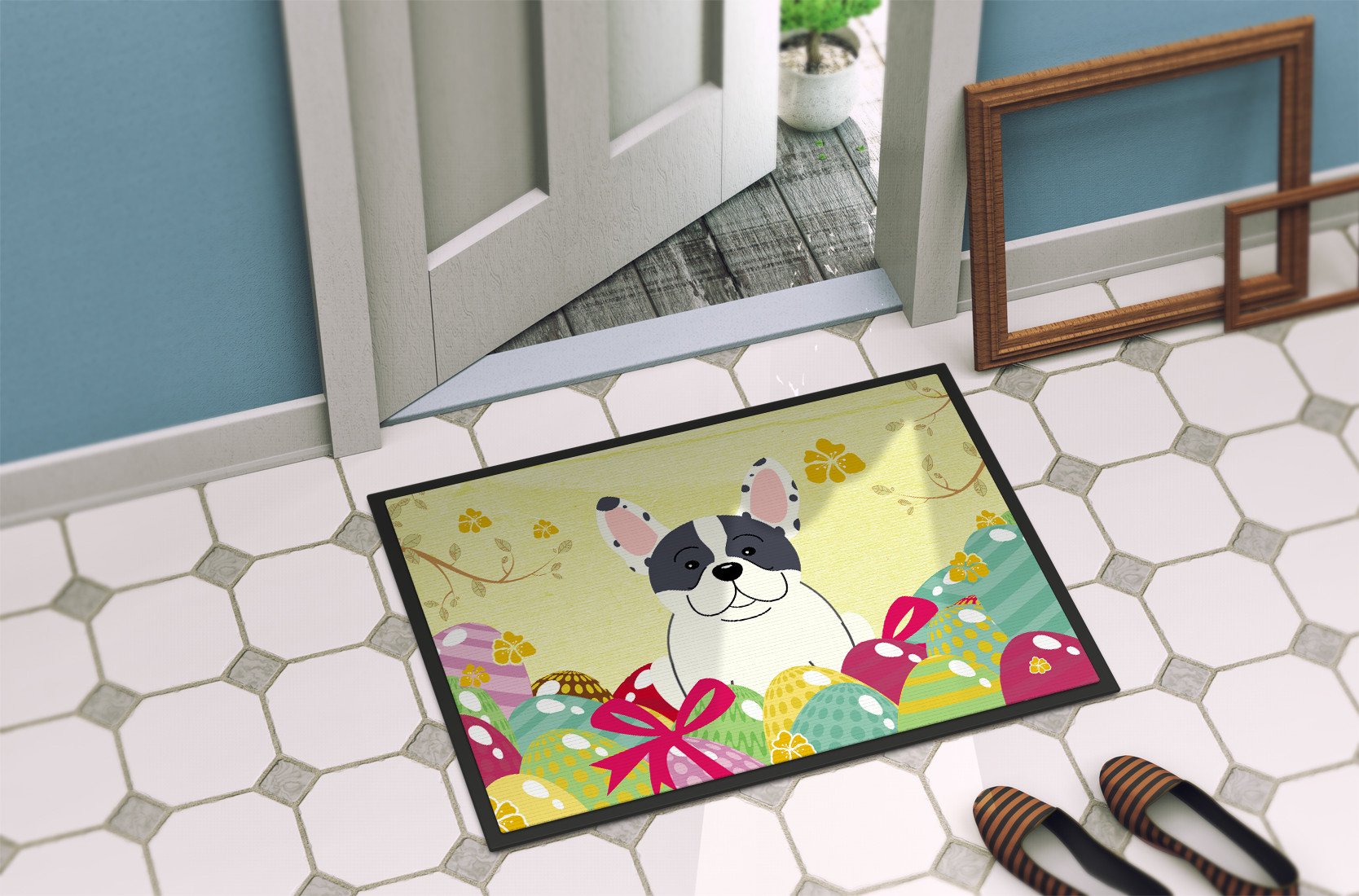 Easter Eggs French Bulldog Piebald Indoor or Outdoor Mat 24x36 BB6011JMAT by Caroline's Treasures