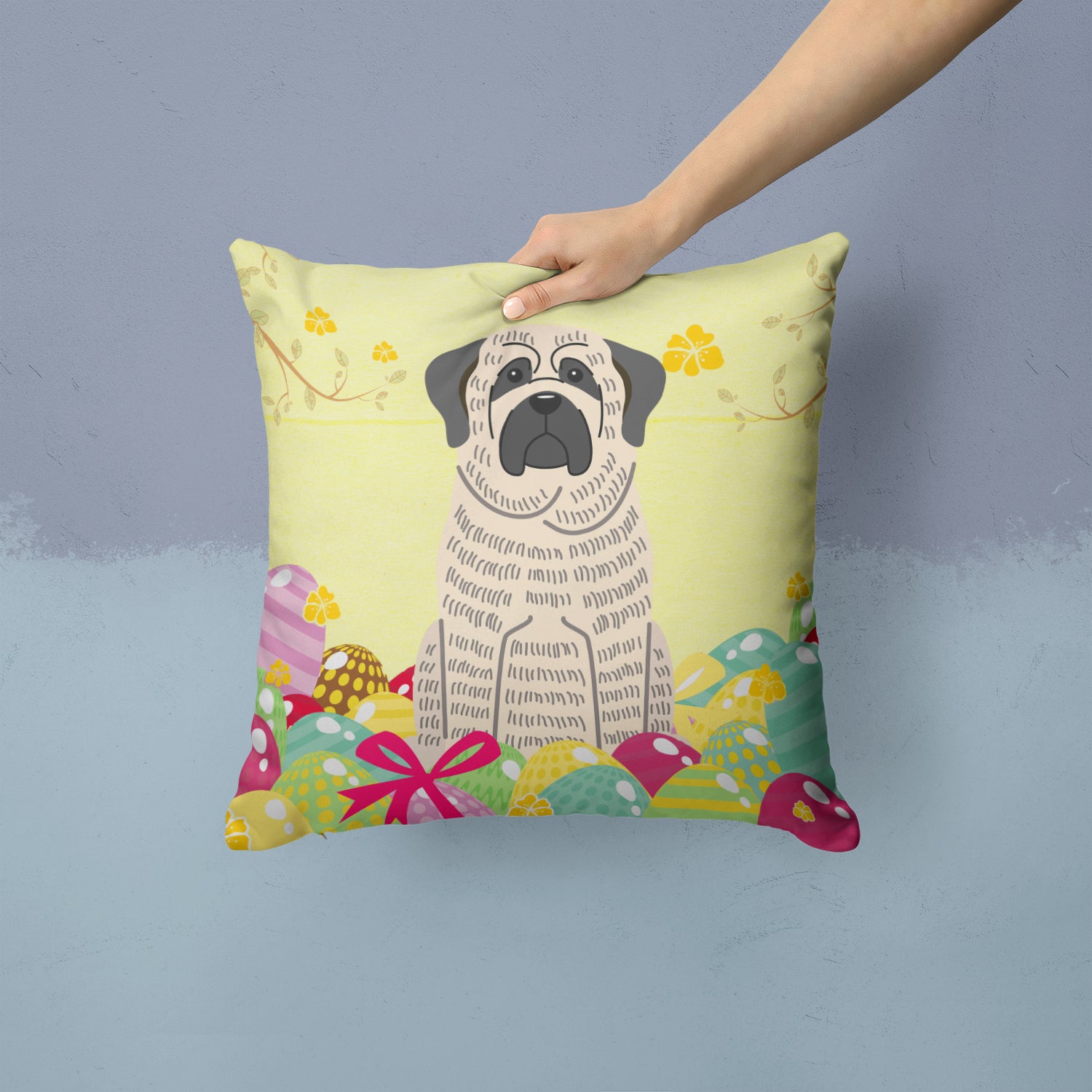 Easter Eggs Mastiff Brindle White Fabric Decorative Pillow BB6016PW1414 - the-store.com