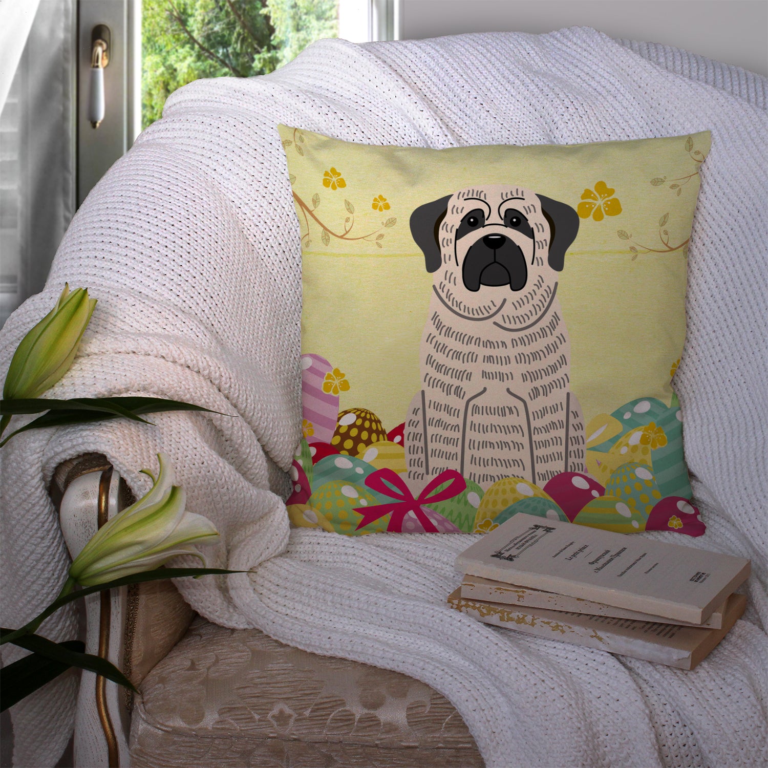 Easter Eggs Mastiff Brindle White Fabric Decorative Pillow BB6016PW1414 - the-store.com