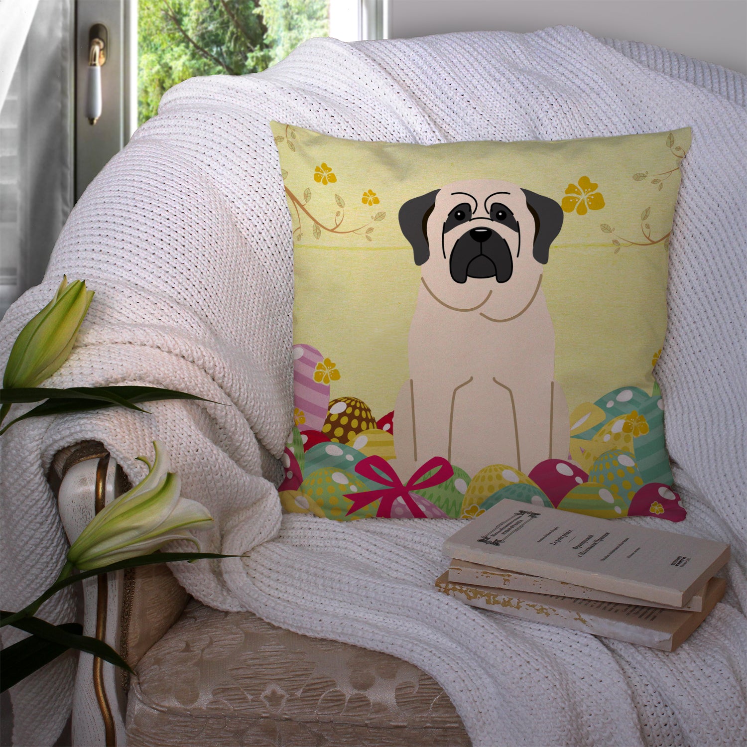 Easter Eggs Mastiff White Fabric Decorative Pillow BB6017PW1414 - the-store.com