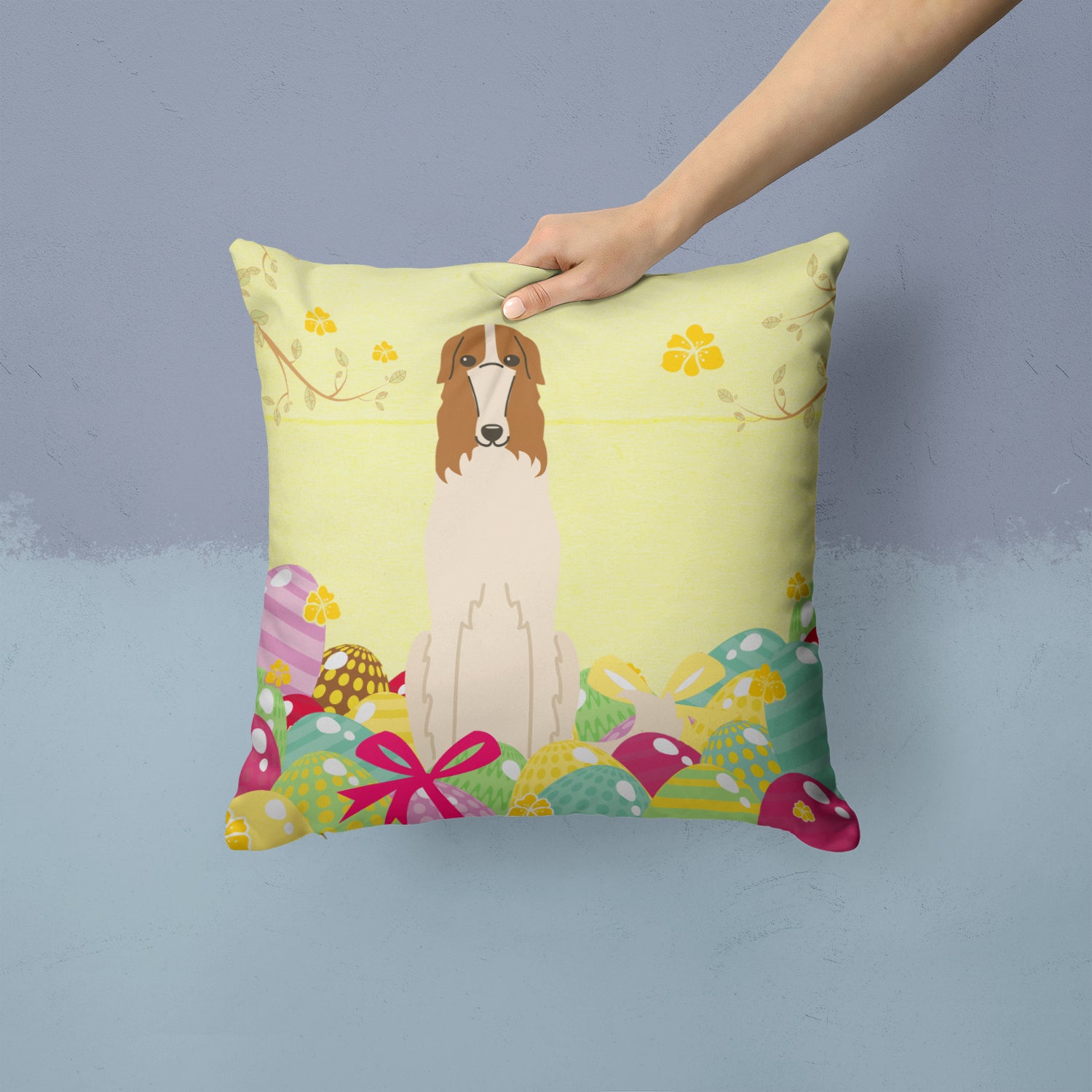 Easter Eggs Borzoi Fabric Decorative Pillow BB6023PW1414 - the-store.com