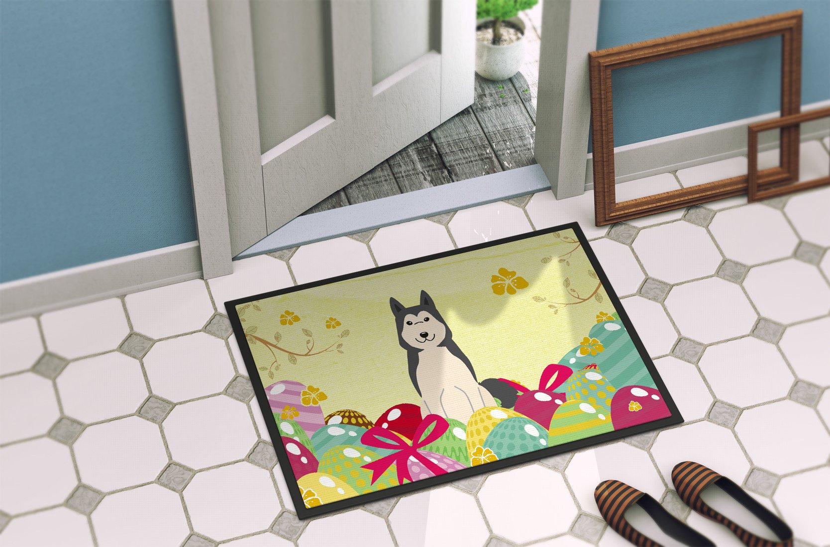 Easter Eggs West Siberian Laika Spitz Indoor or Outdoor Mat 24x36 BB6025JMAT by Caroline's Treasures