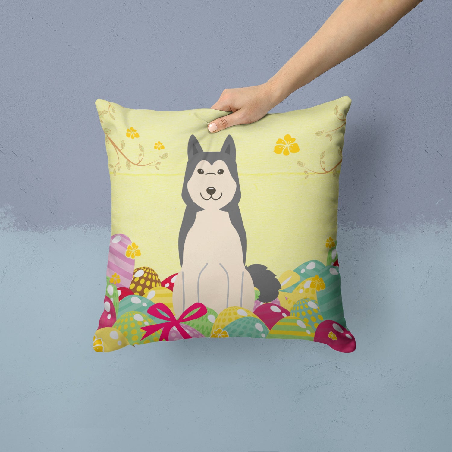 Easter Eggs West Siberian Laika Spitz Fabric Decorative Pillow BB6025PW1414 - the-store.com