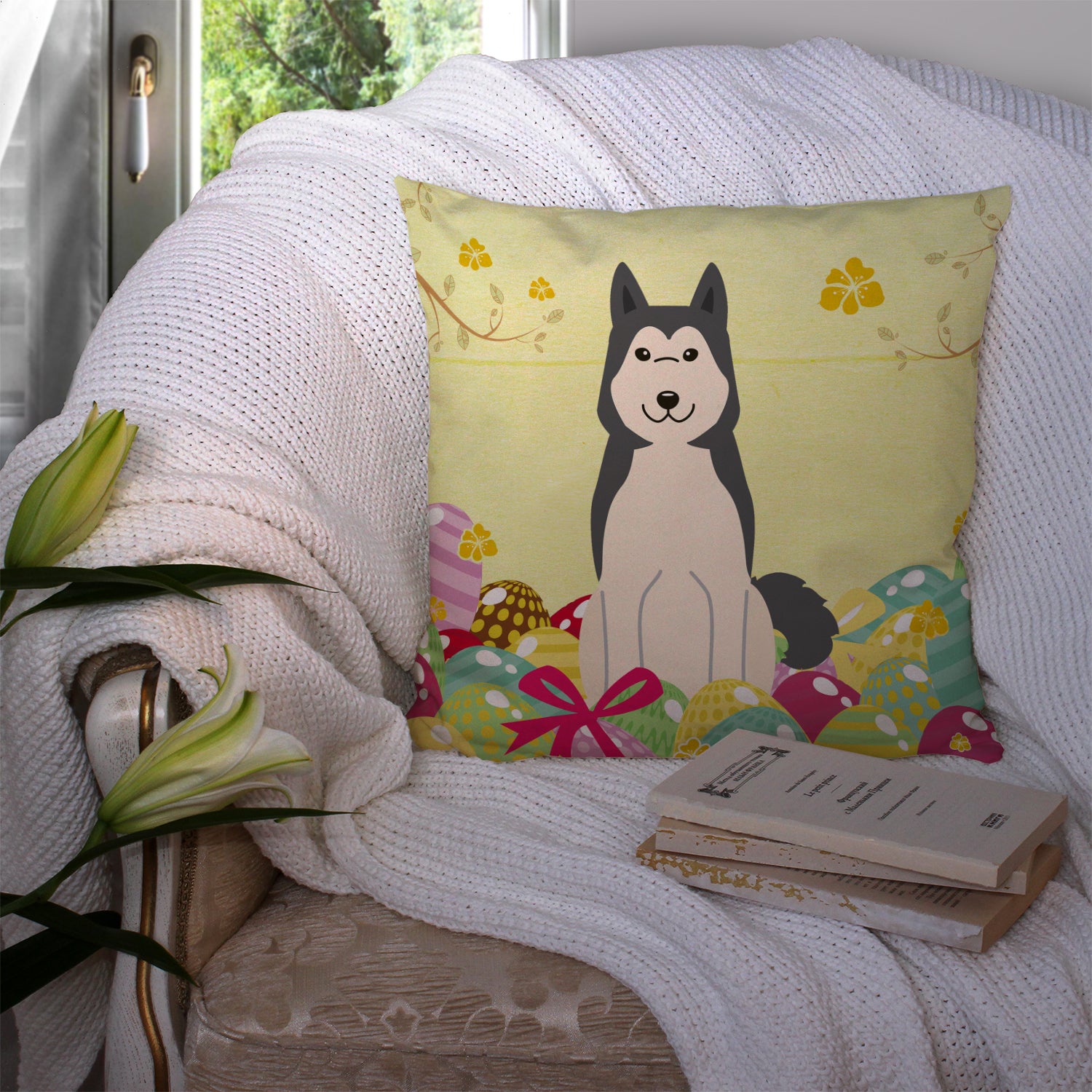 Easter Eggs West Siberian Laika Spitz Fabric Decorative Pillow BB6025PW1414 - the-store.com