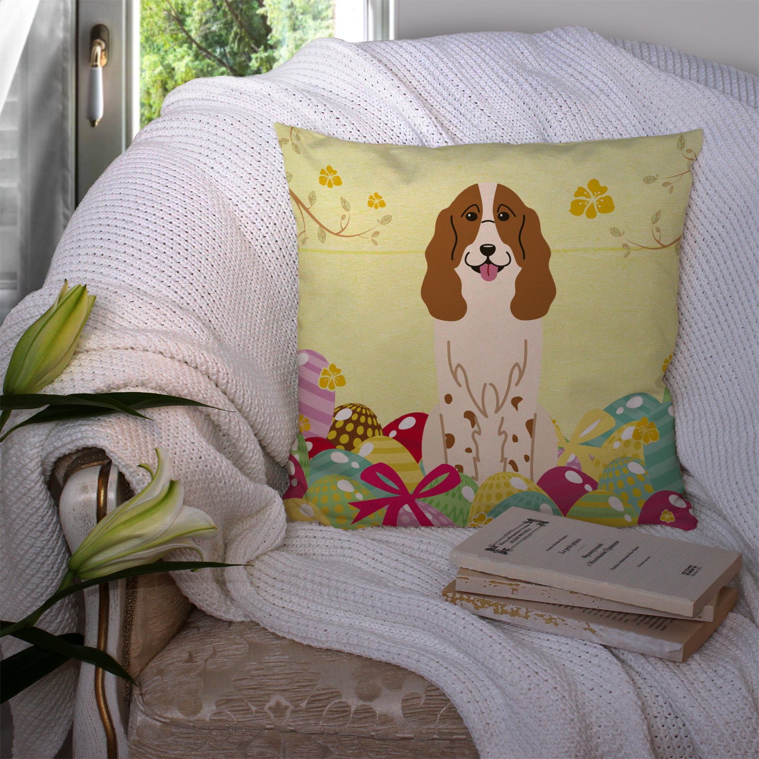 Easter Eggs Russian Spaniel Fabric Decorative Pillow BB6031PW1414 - the-store.com