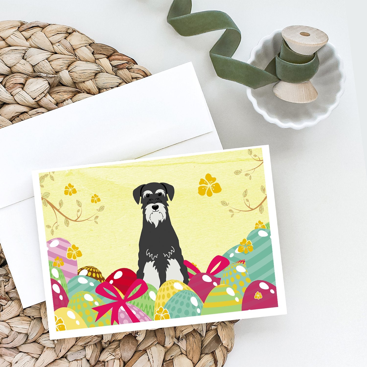 Buy this Easter Eggs Standard Schnauzer Salt and Pepper Greeting Cards and Envelopes Pack of 8