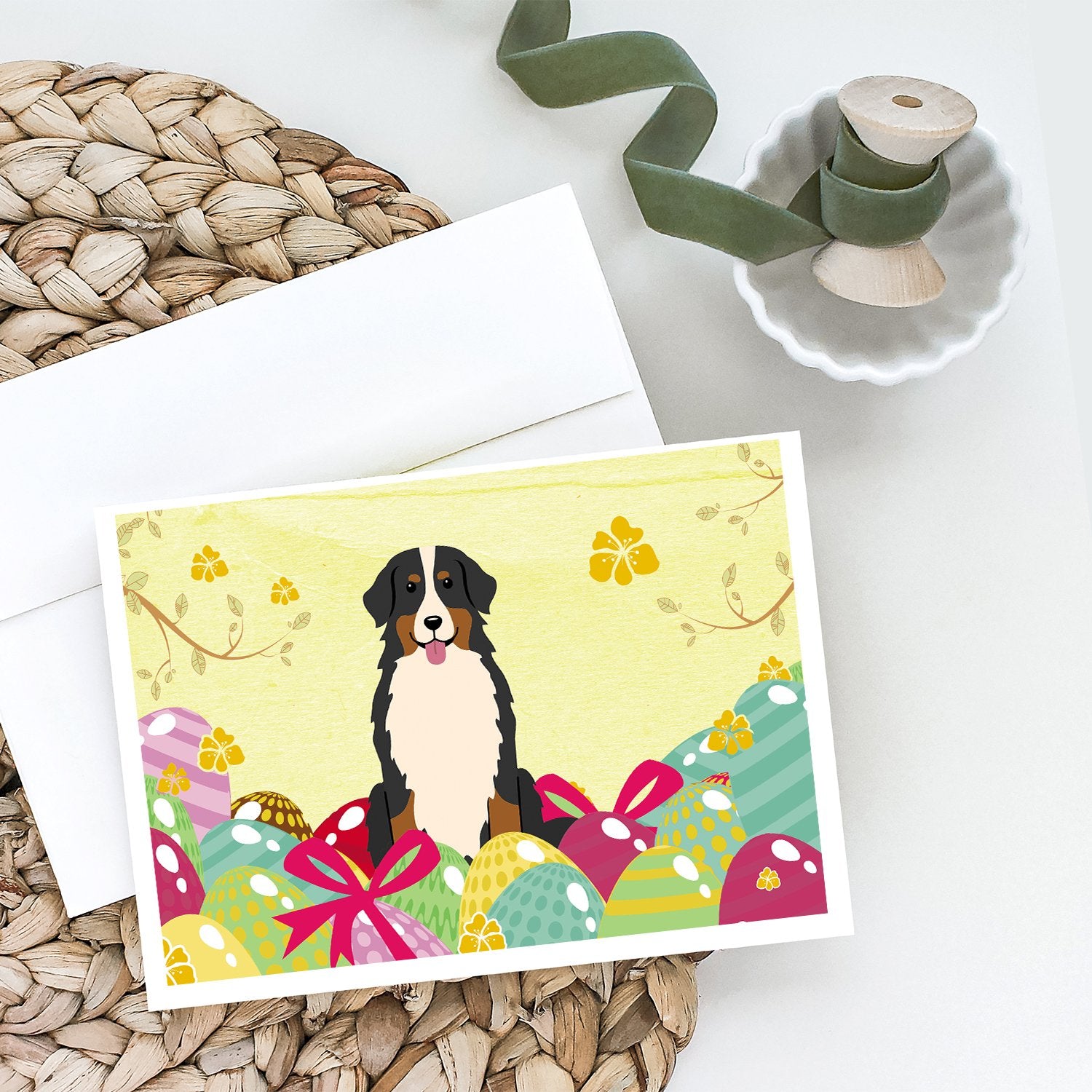 Buy this Easter Eggs Bernese Mountain Dog Greeting Cards and Envelopes Pack of 8