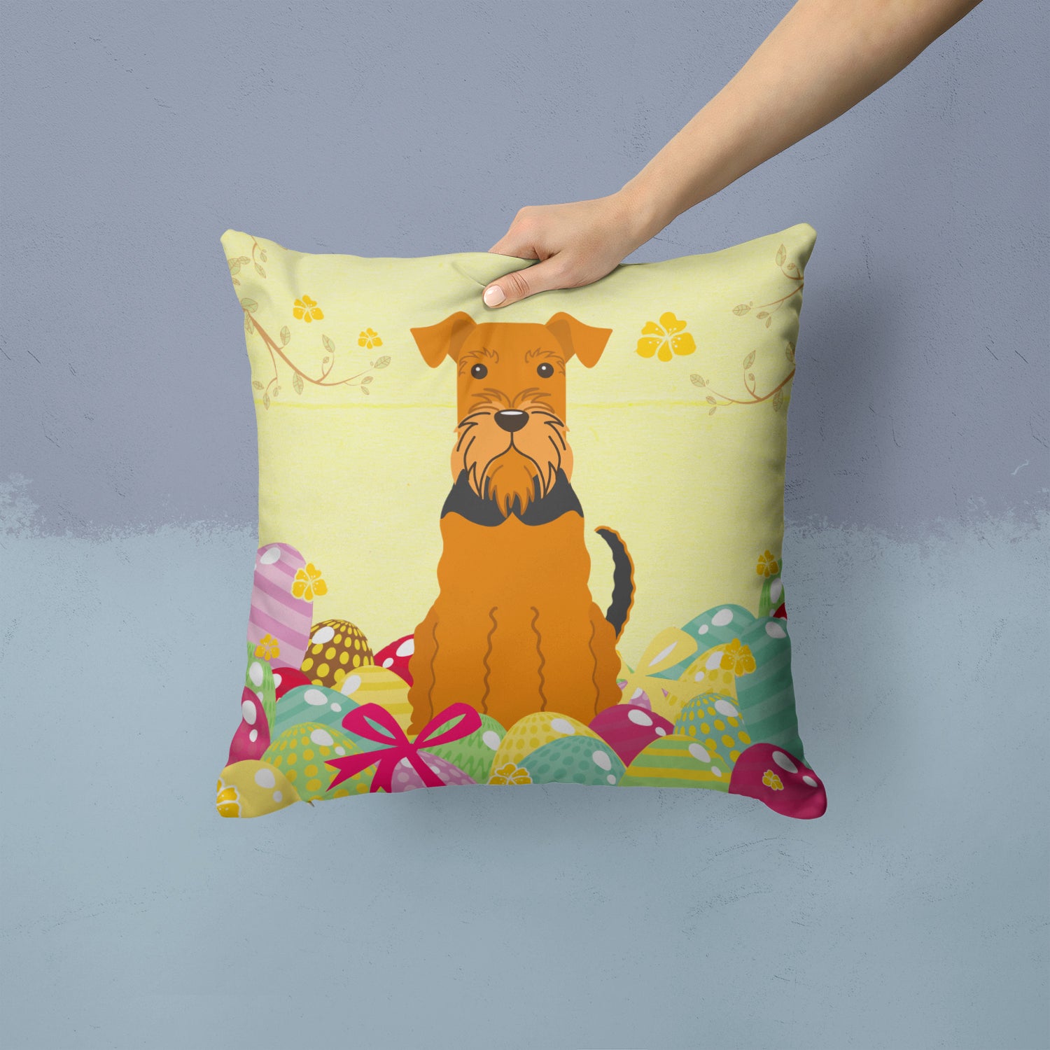 Easter Eggs Airedale Fabric Decorative Pillow BB6041PW1414 - the-store.com