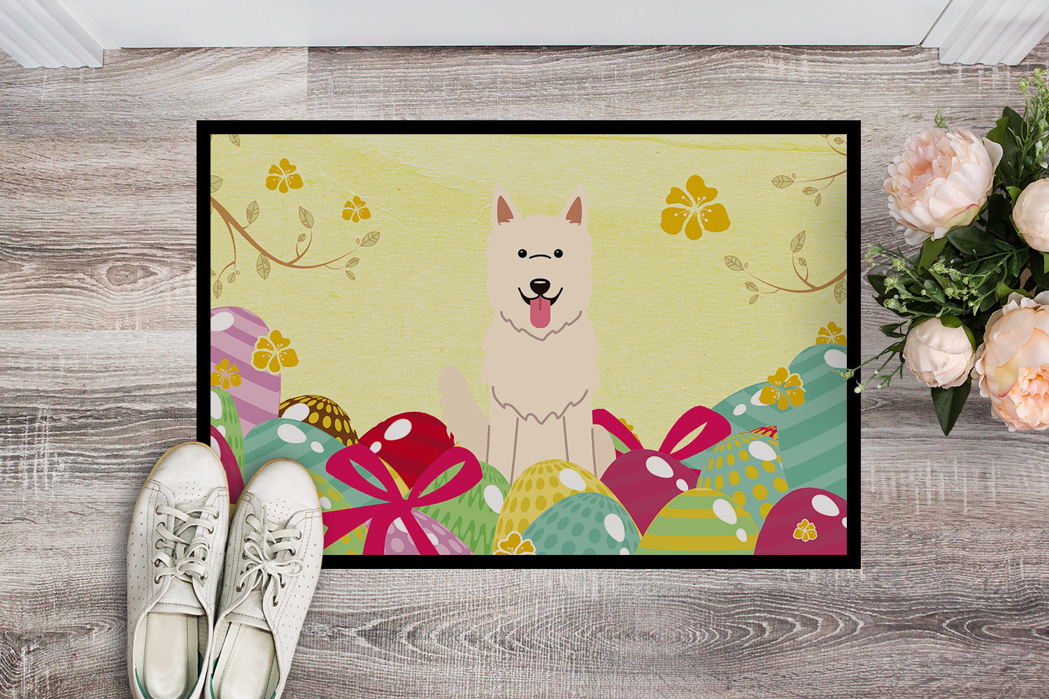 Easter Eggs White German Shepherd Indoor or Outdoor Mat 18x27 BB6045MAT - the-store.com