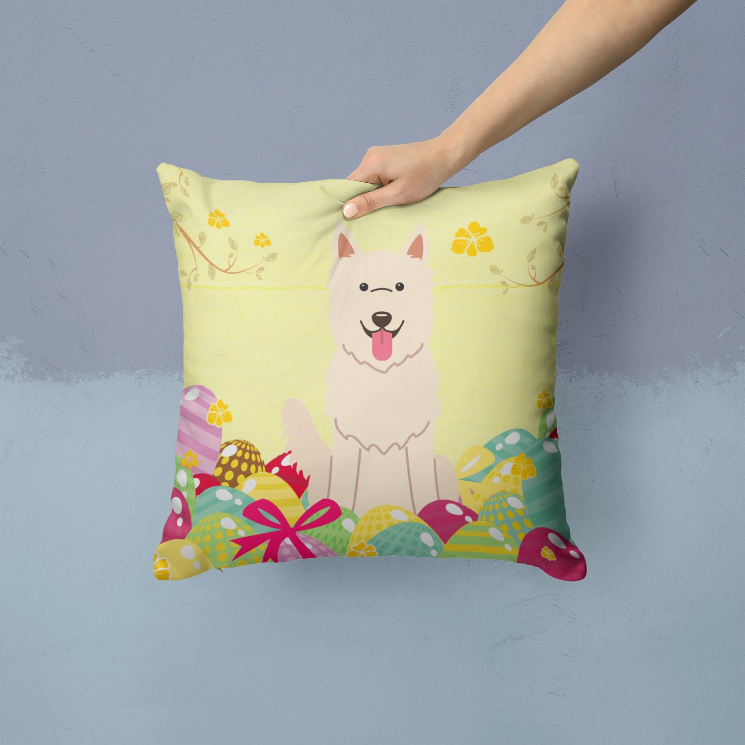 Easter Eggs White German Shepherd Fabric Decorative Pillow BB6045PW1414 - the-store.com