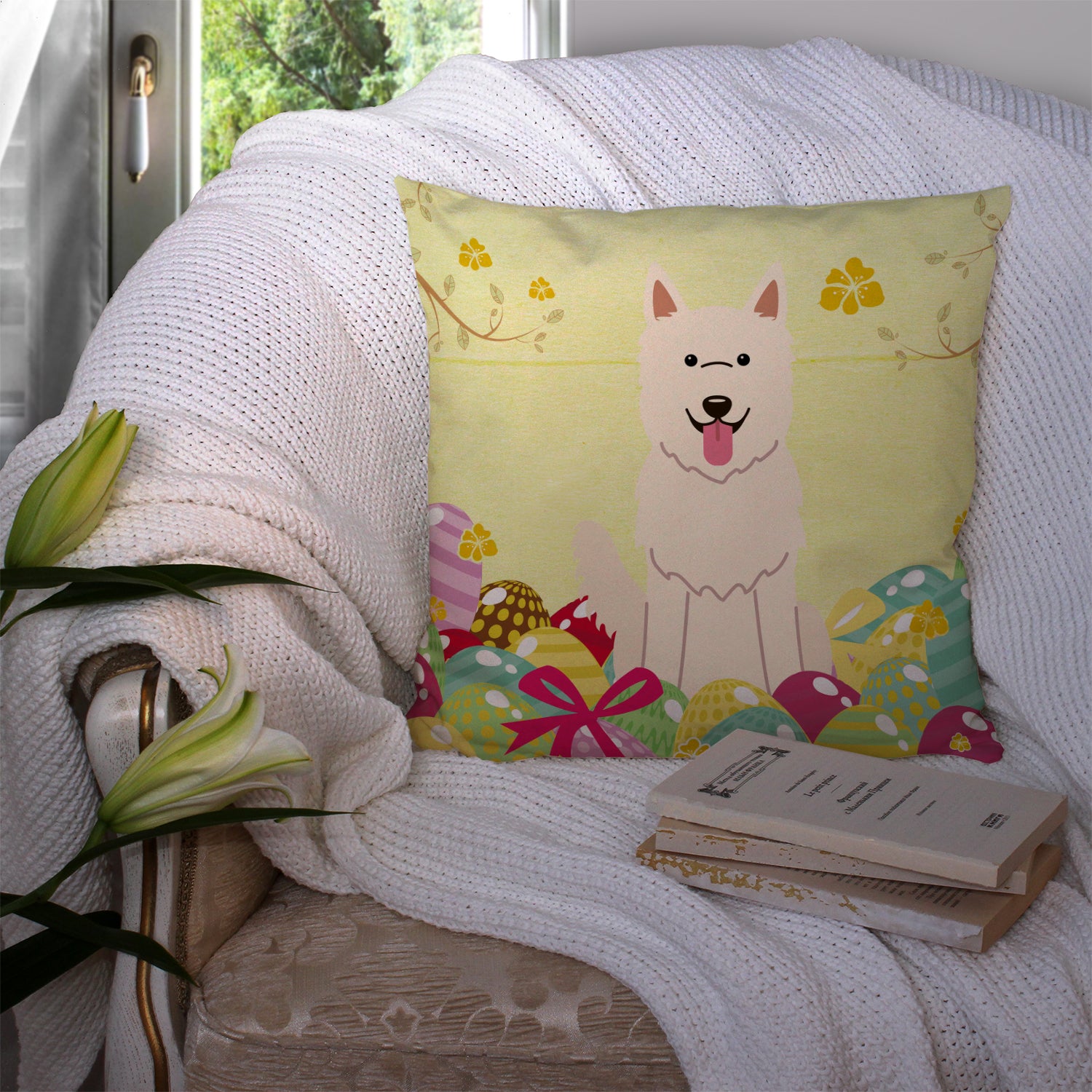 Easter Eggs White German Shepherd Fabric Decorative Pillow BB6045PW1414 - the-store.com