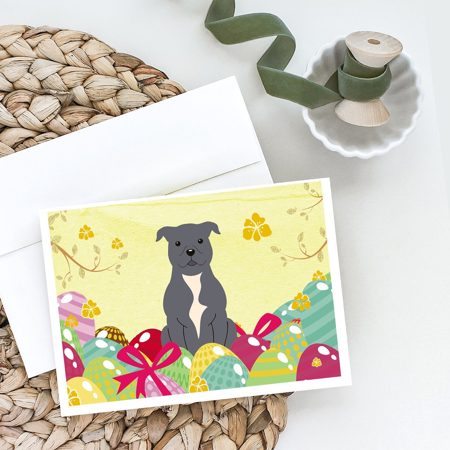 Easter Eggs Staffordshire Bull Terrier Blue Greeting Cards and Envelopes Pack of 8 - the-store.com