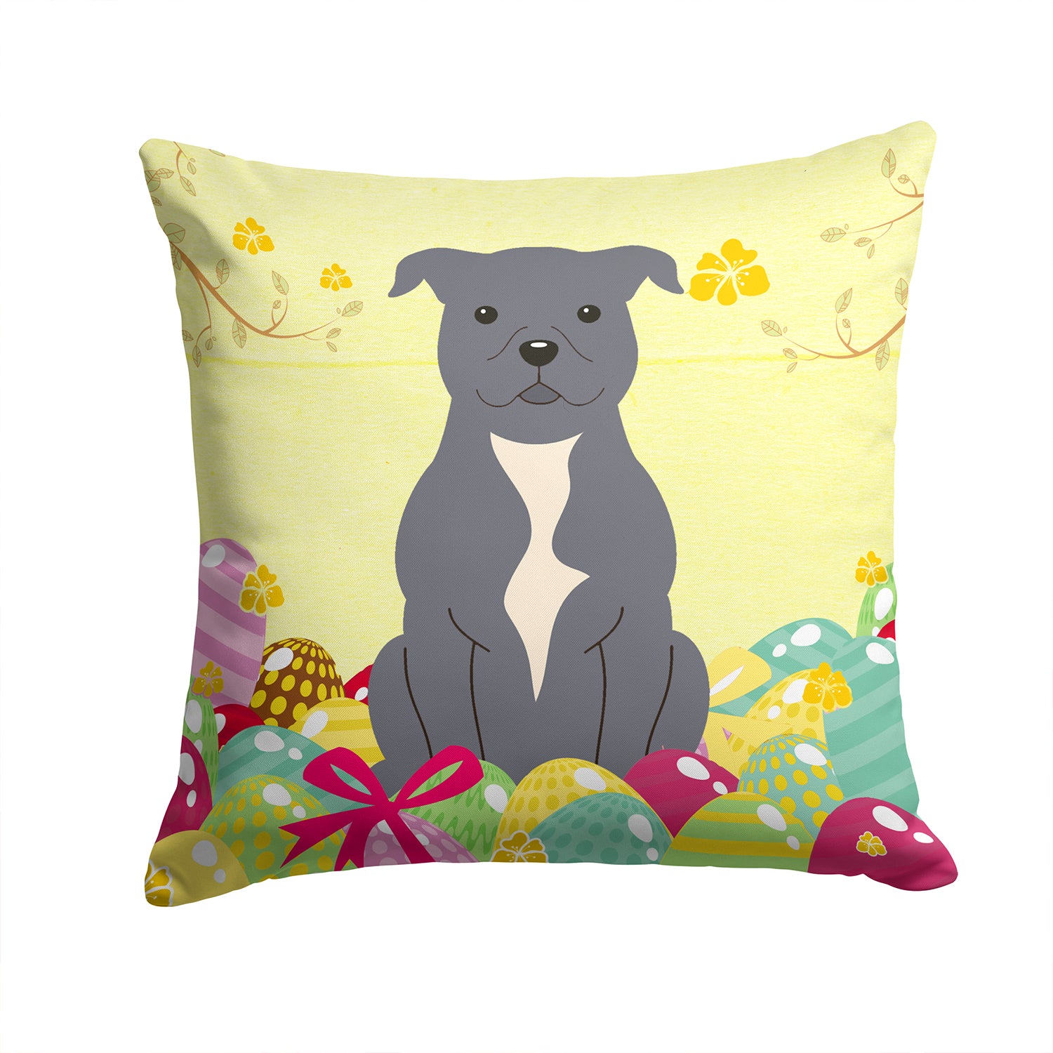 Easter Eggs Staffordshire Bull Terrier Blue Fabric Decorative Pillow BB6046PW1414 - the-store.com