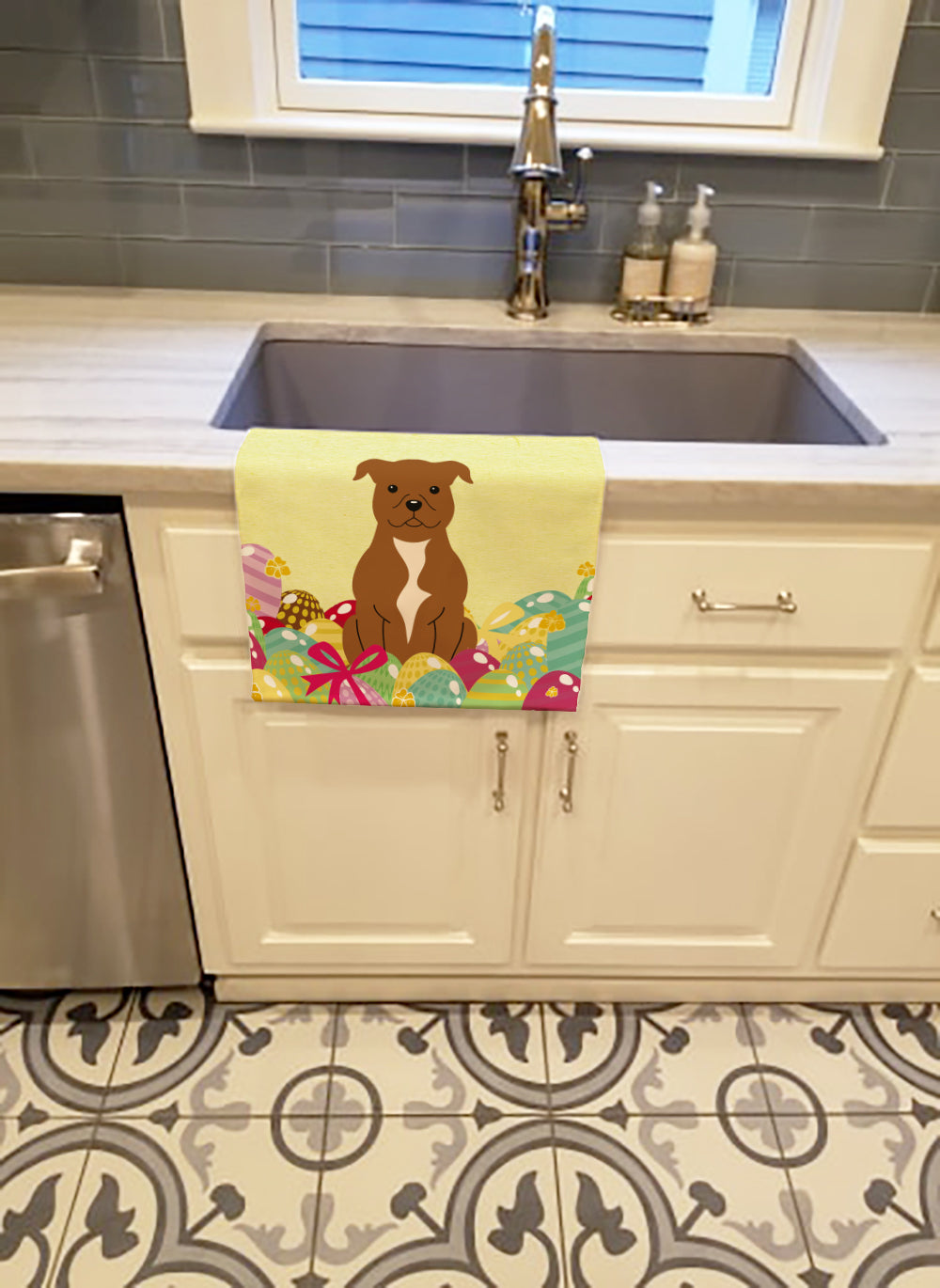 Easter Eggs Staffordshire Bull Terrier Brown Kitchen Towel BB6047KTWL - the-store.com