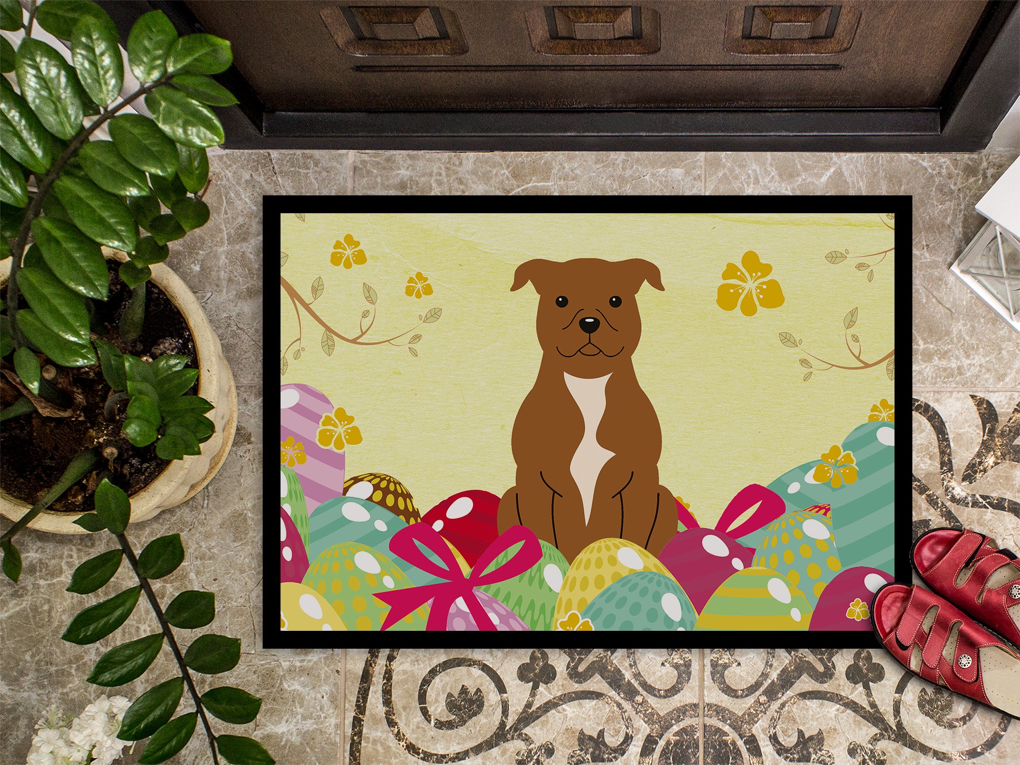 Easter Eggs Staffordshire Bull Terrier Brown Indoor or Outdoor Mat 18x27 BB6047MAT - the-store.com