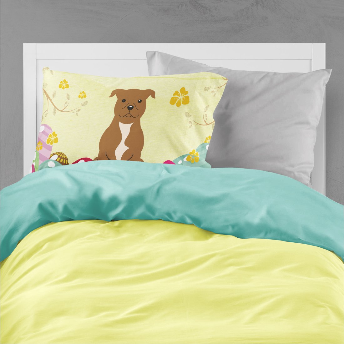 Easter Eggs Staffordshire Bull Terrier Brown Fabric Standard Pillowcase BB6047PILLOWCASE by Caroline's Treasures