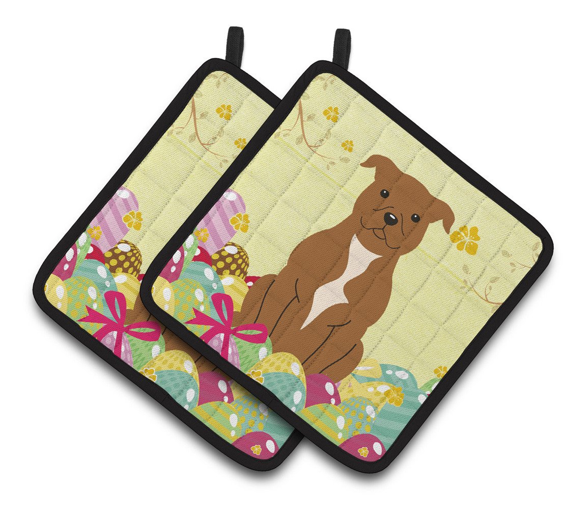 Easter Eggs Staffordshire Bull Terrier Brown Pair of Pot Holders BB6047PTHD by Caroline's Treasures