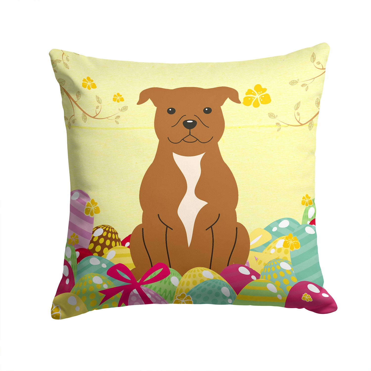 Easter Eggs Staffordshire Bull Terrier Brown Fabric Decorative Pillow BB6047PW1414 - the-store.com