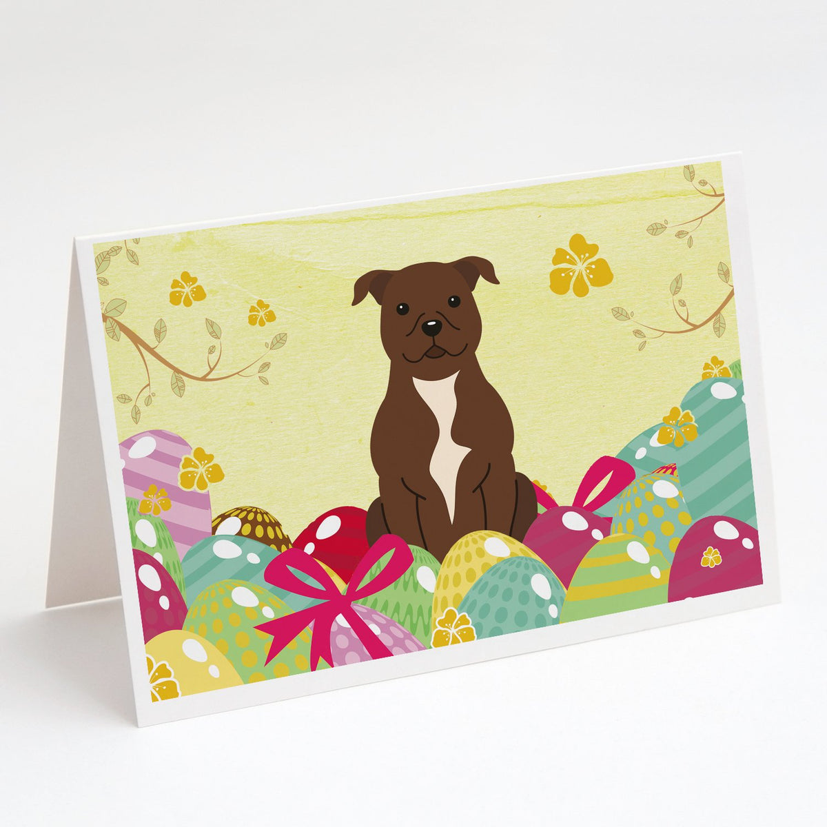 Buy this Easter Eggs Staffordshire Bull Terrier Chocolate Greeting Cards and Envelopes Pack of 8