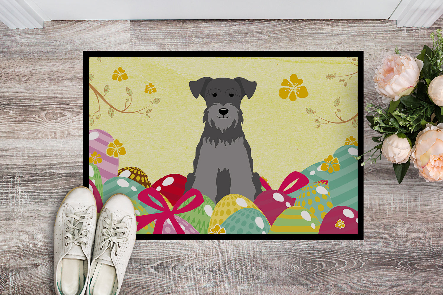 Easter Eggs Miniature Schanuzer Black Silver Indoor or Outdoor Mat 18x27 BB6052MAT - the-store.com