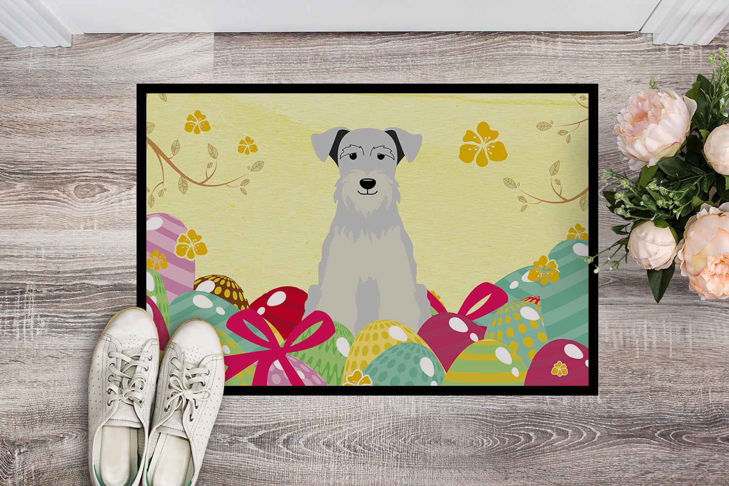 Easter Eggs Miniature Schanuzer White Indoor or Outdoor Mat 18x27 BB6053MAT - the-store.com