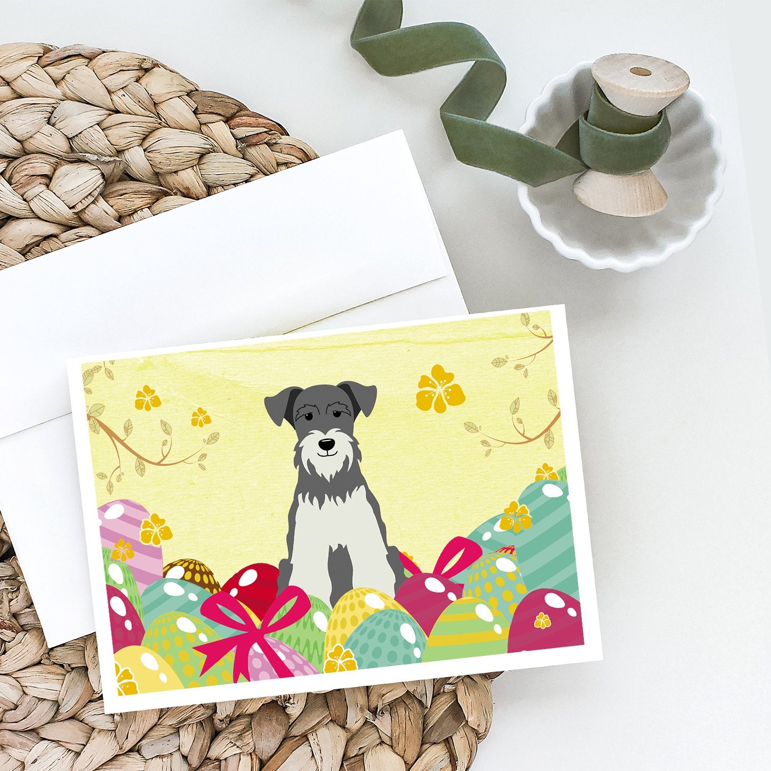 Easter Eggs Miniature Schnauzer Salt and Pepper Greeting Cards and Envelopes Pack of 8 - the-store.com