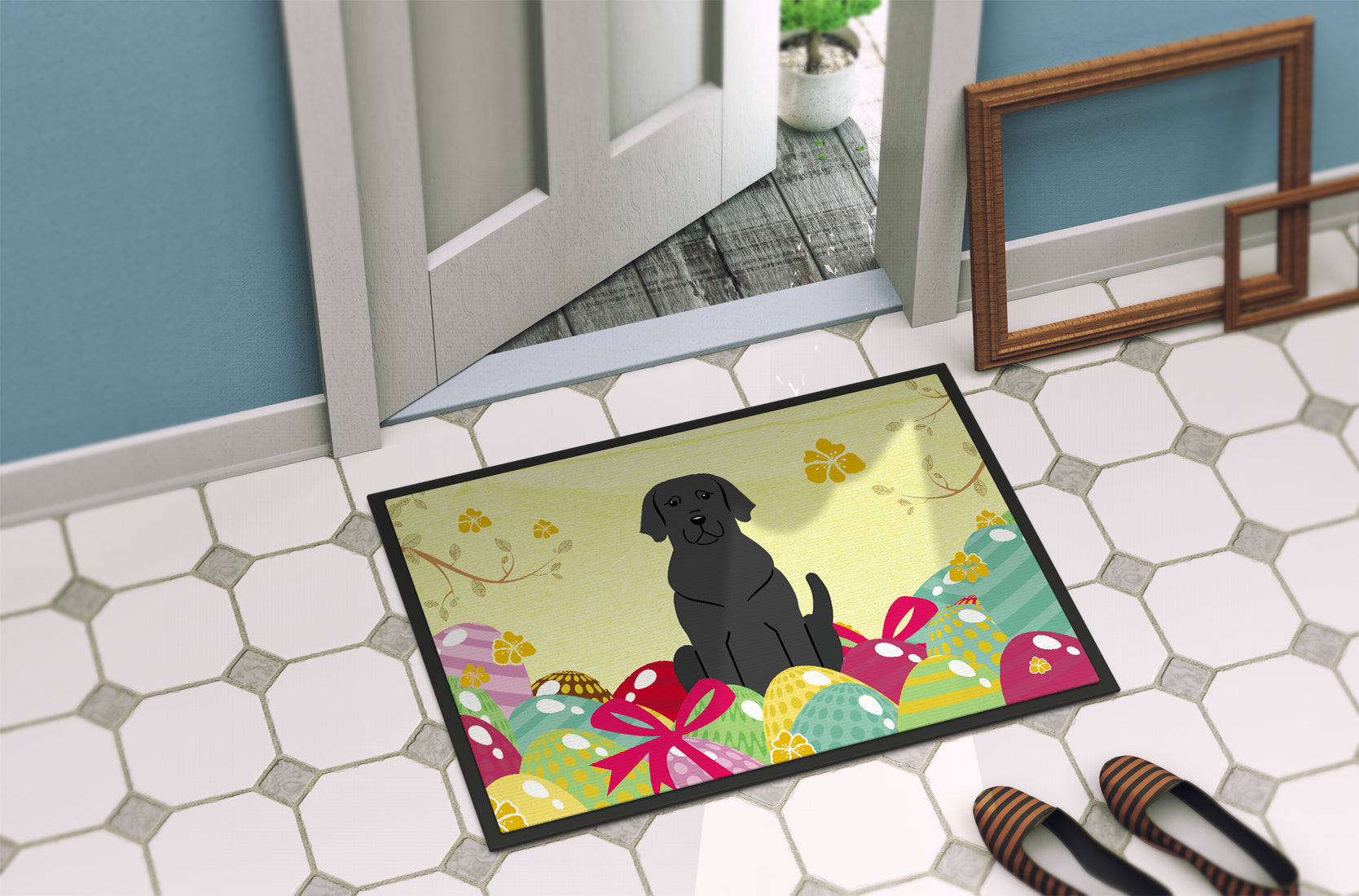 Easter Eggs Black Labrador Indoor or Outdoor Mat 18x27 BB6057MAT - the-store.com