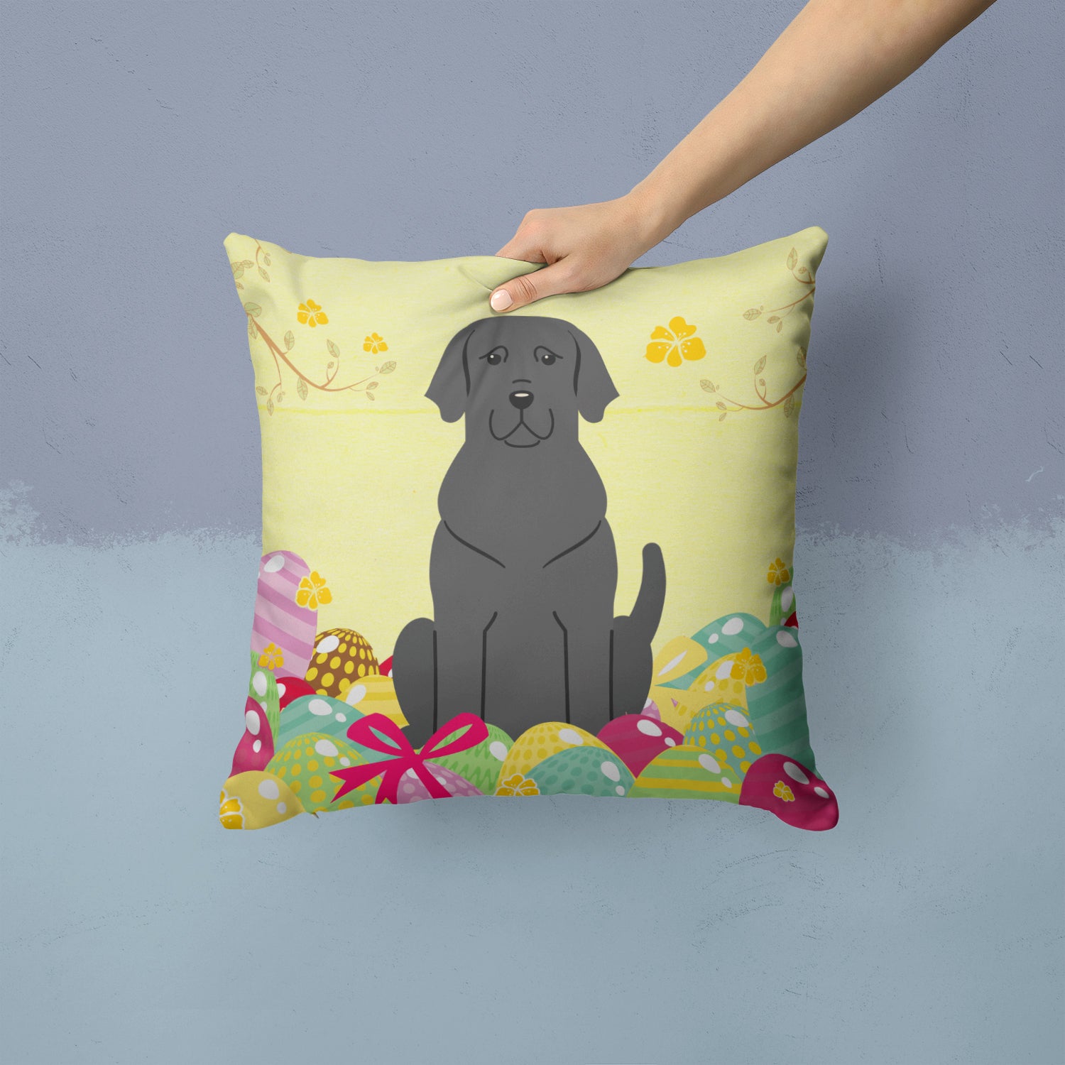 Easter Eggs Black Labrador Fabric Decorative Pillow BB6057PW1414 - the-store.com