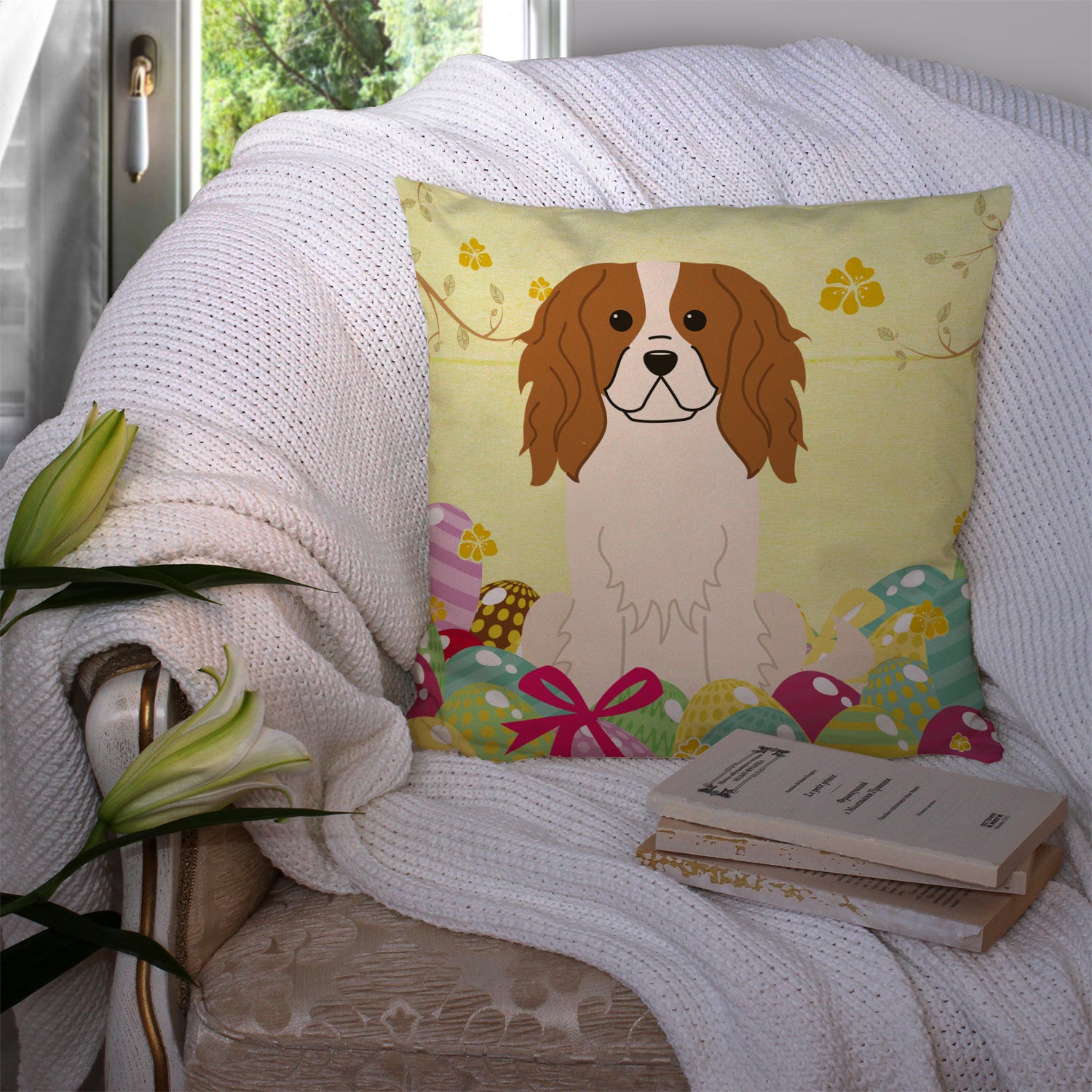 Easter Eggs Cavalier Spaniel Fabric Decorative Pillow BB6058PW1414 - the-store.com