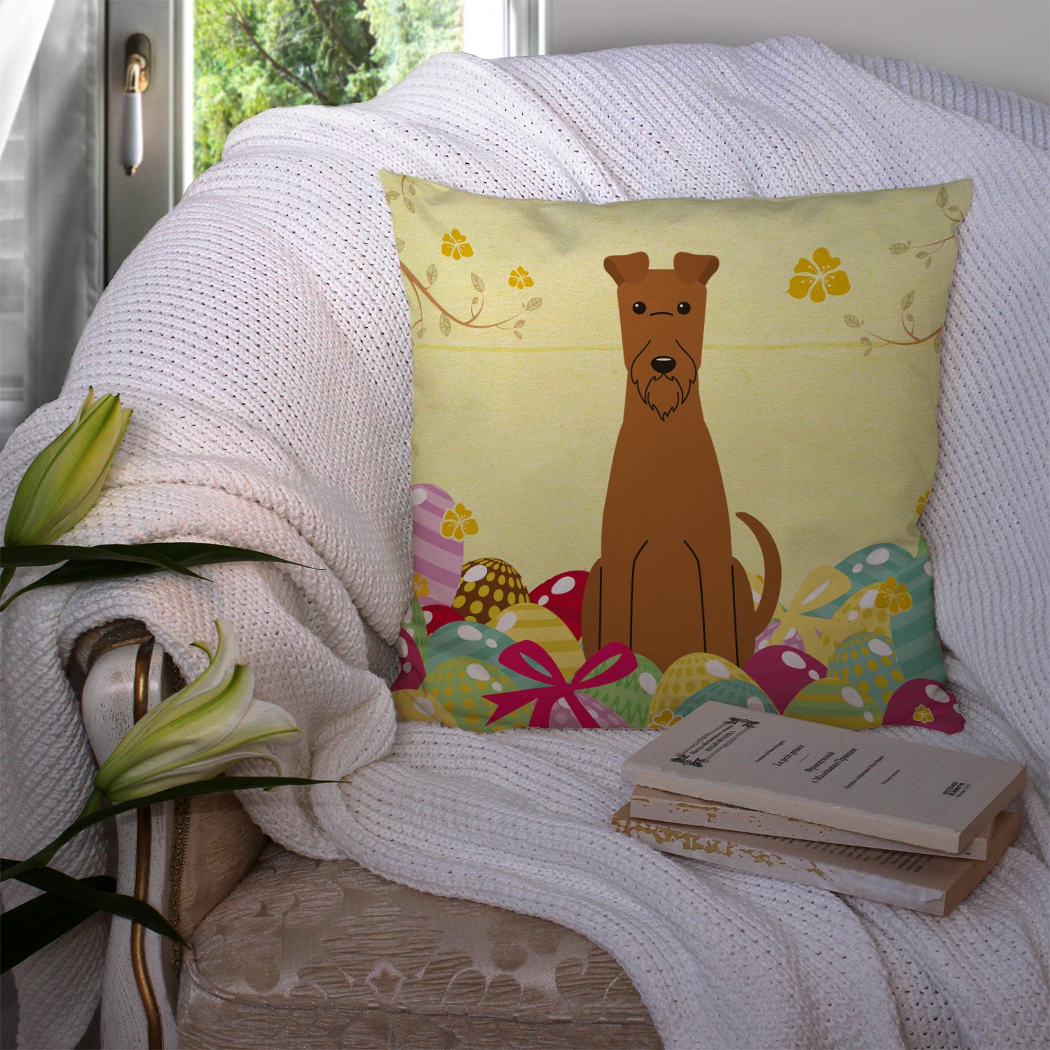 Easter Eggs Irish Terrier Fabric Decorative Pillow BB6062PW1414 - the-store.com