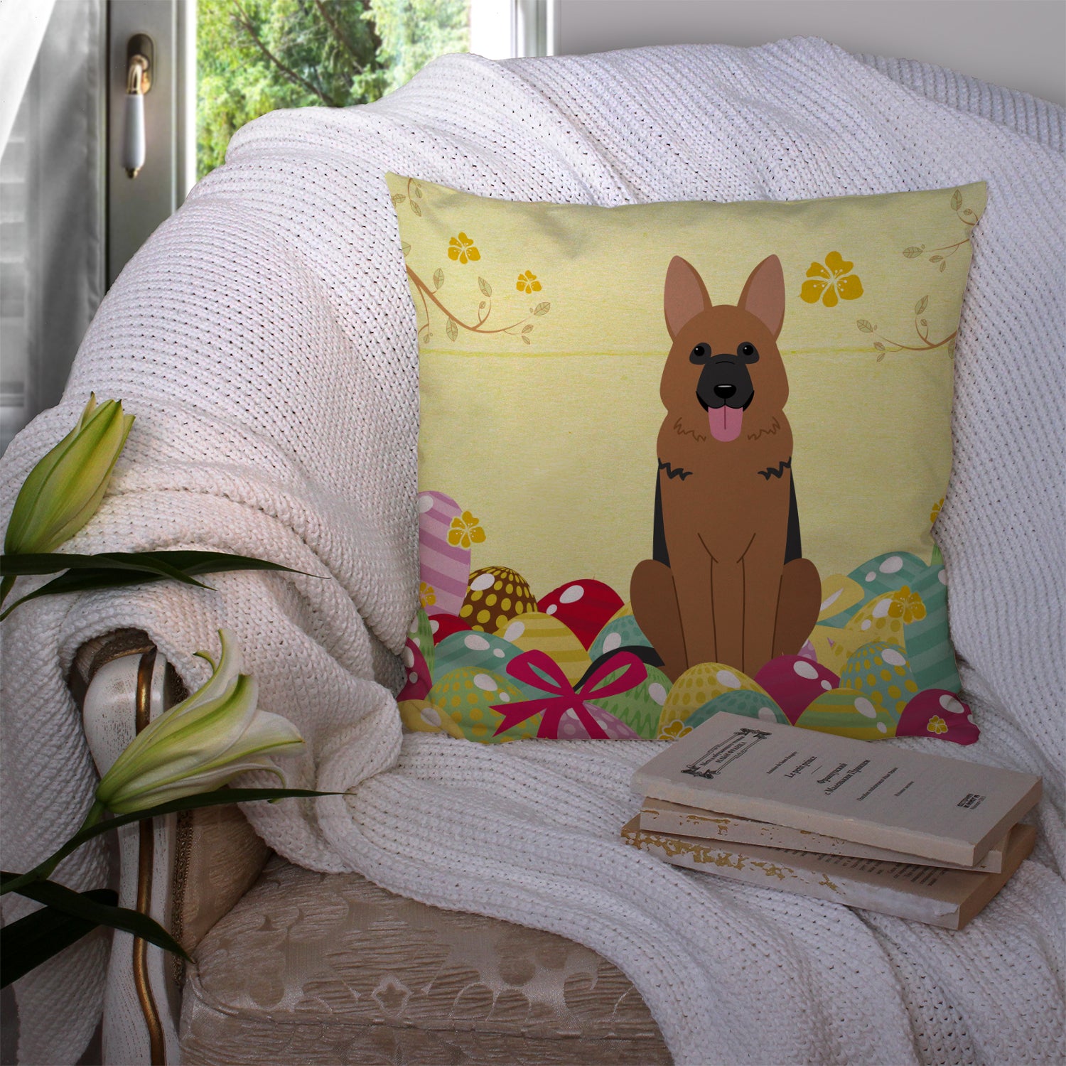 Easter Eggs German Shepherd Fabric Decorative Pillow BB6067PW1414 - the-store.com