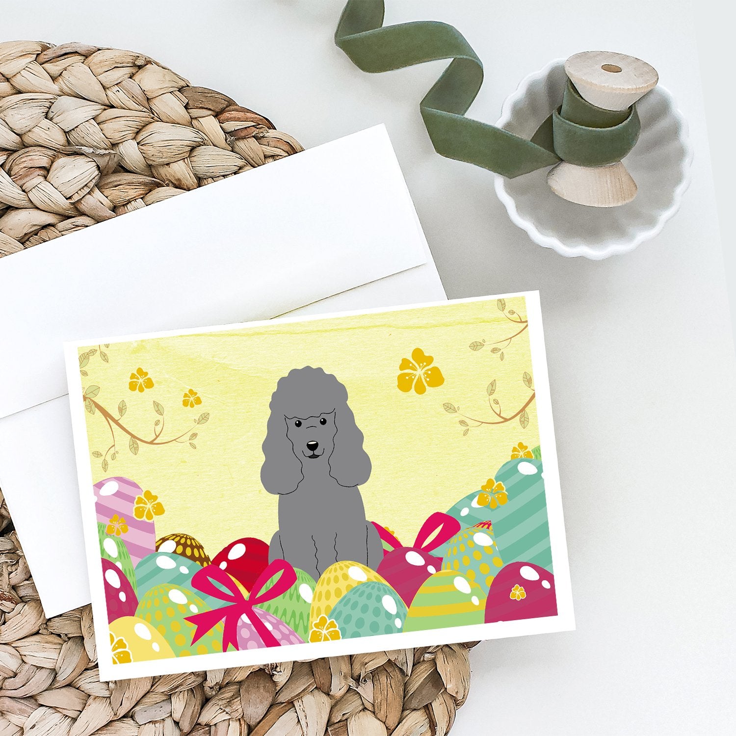 Buy this Easter Eggs Poodle Silver Greeting Cards and Envelopes Pack of 8