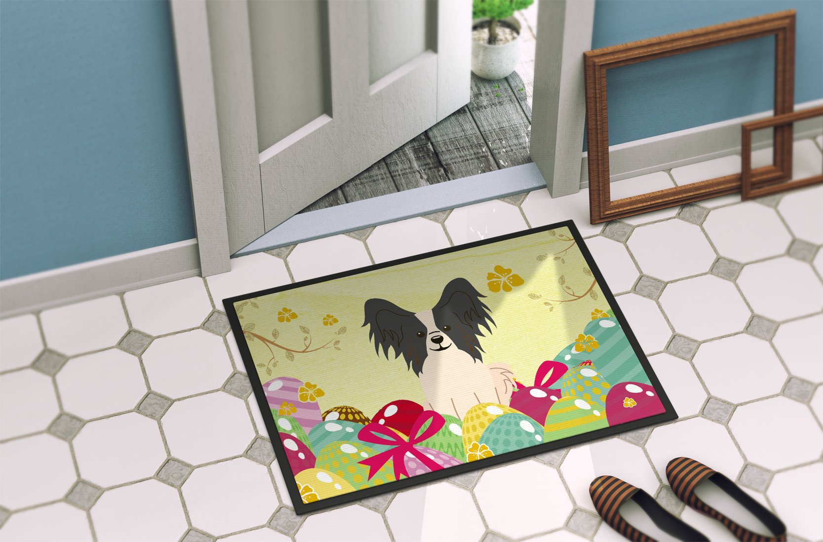 Easter Eggs Papillon Black White Indoor or Outdoor Mat 24x36 BB6076JMAT by Caroline's Treasures