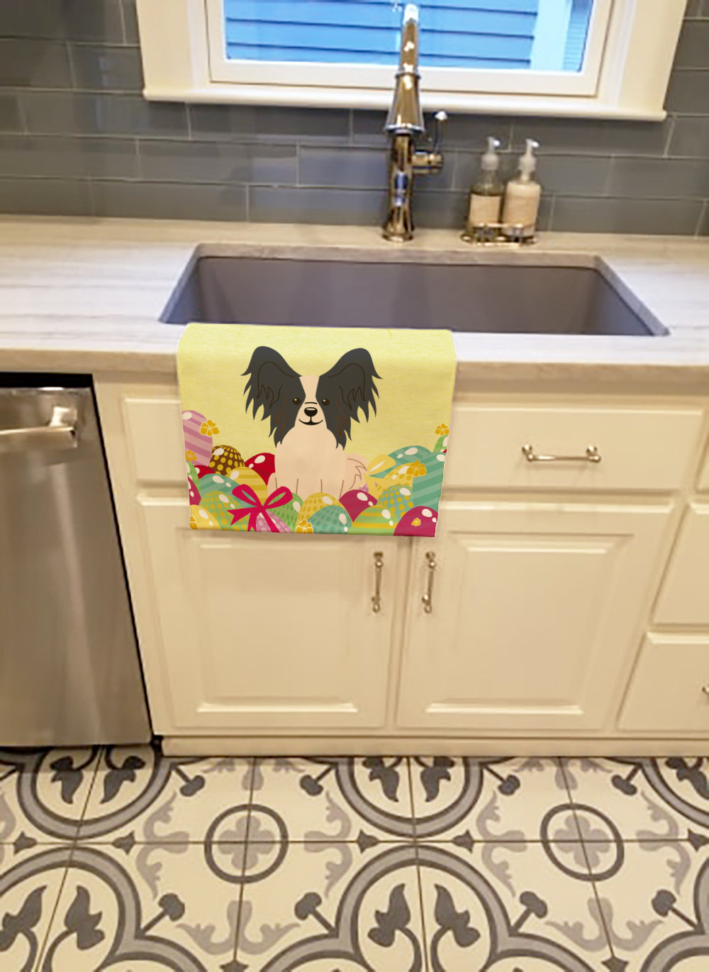 Easter Eggs Papillon Black White Kitchen Towel BB6076KTWL - the-store.com