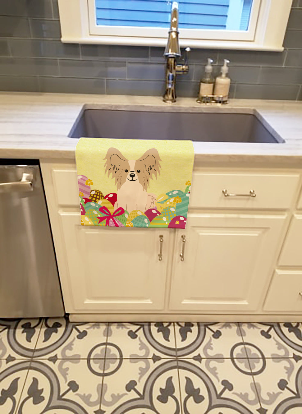 Easter Eggs Papillon Sable White Kitchen Towel BB6077KTWL - the-store.com