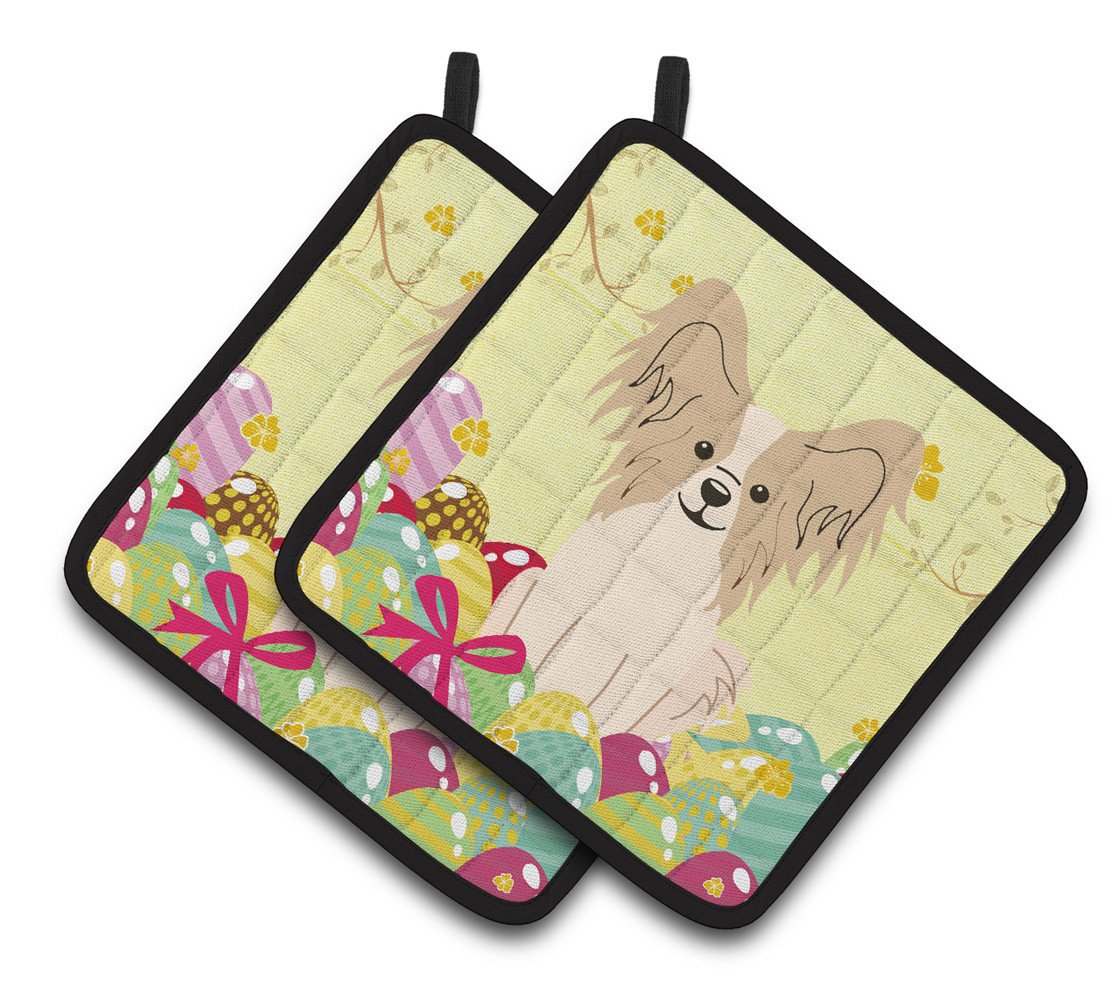 Easter Eggs Papillon Sable White Pair of Pot Holders BB6077PTHD by Caroline's Treasures