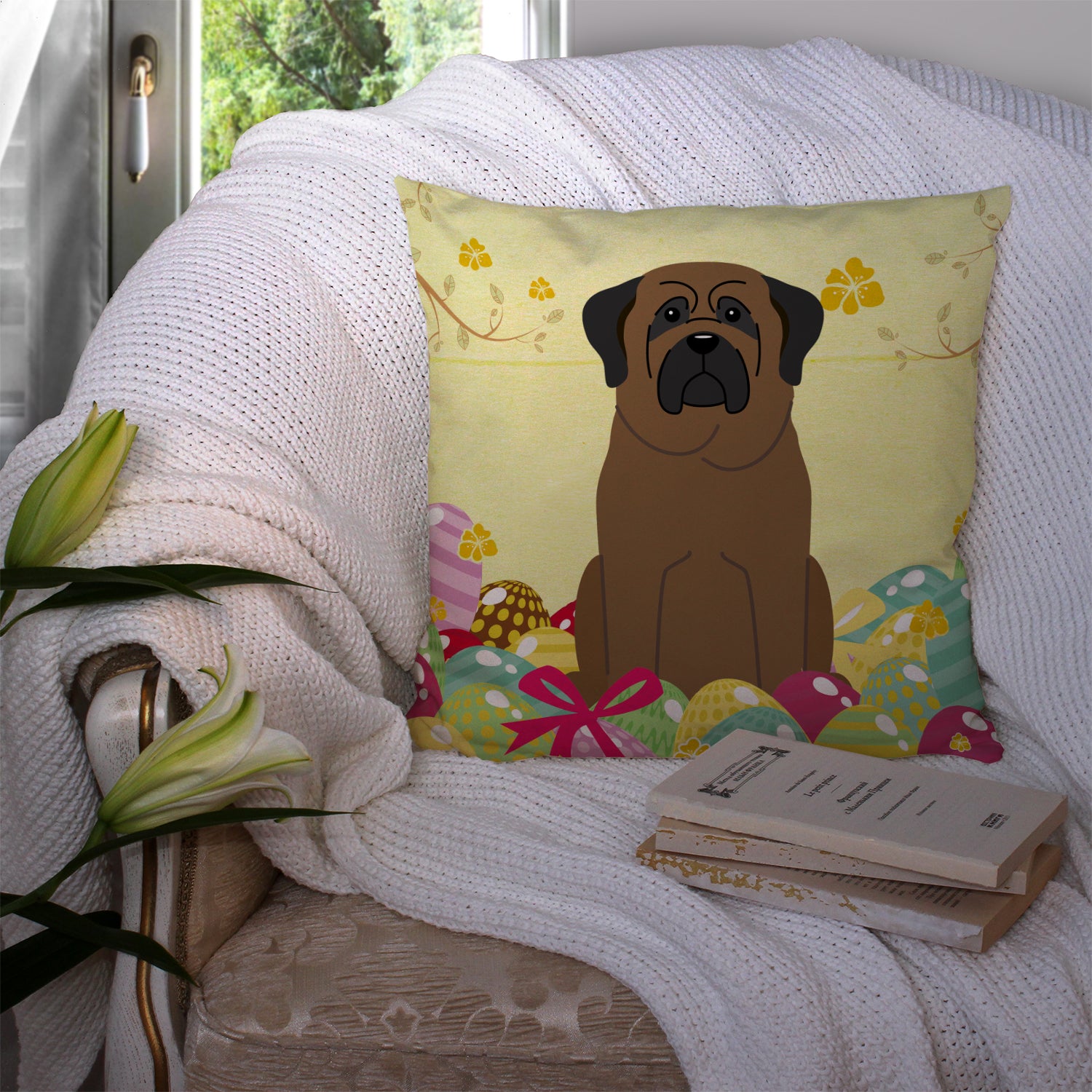 Easter Eggs Bullmastiff Fabric Decorative Pillow BB6084PW1414 - the-store.com