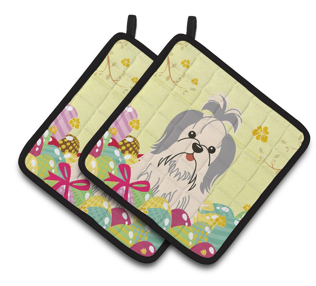 Easter Eggs Shih Tzu Silver White Pair of Pot Holders BB6085PTHD by Caroline's Treasures