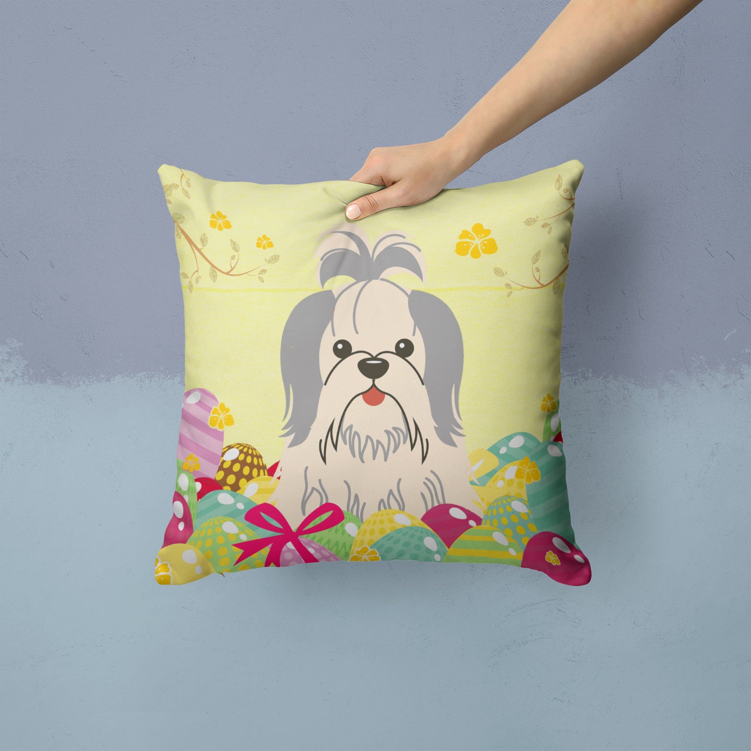 Easter Eggs Shih Tzu Silver White Fabric Decorative Pillow BB6085PW1414 - the-store.com