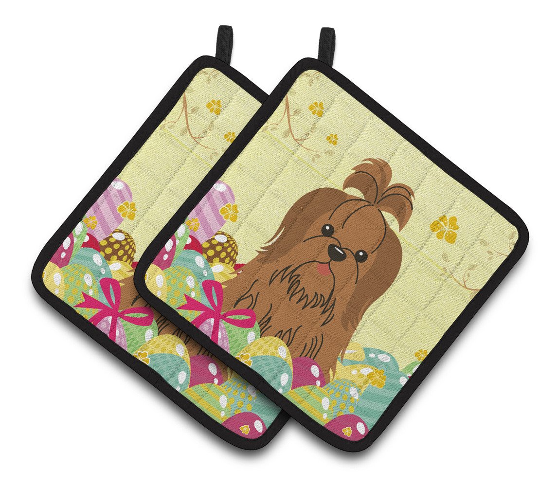 Easter Eggs Shih Tzu Silver Chocolate Pair of Pot Holders BB6086PTHD by Caroline&#39;s Treasures