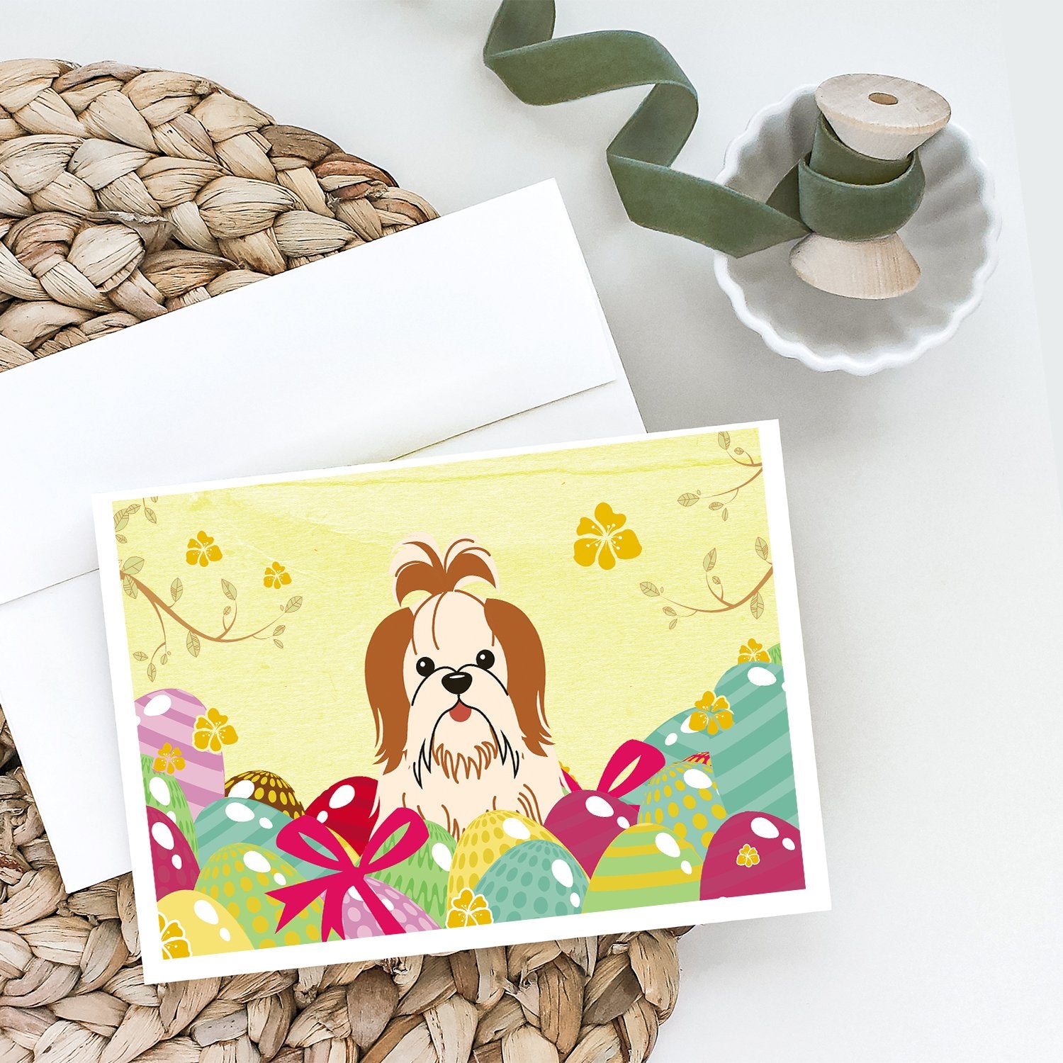 Easter Eggs Shih Tzu Red White Greeting Cards and Envelopes Pack of 8 - the-store.com