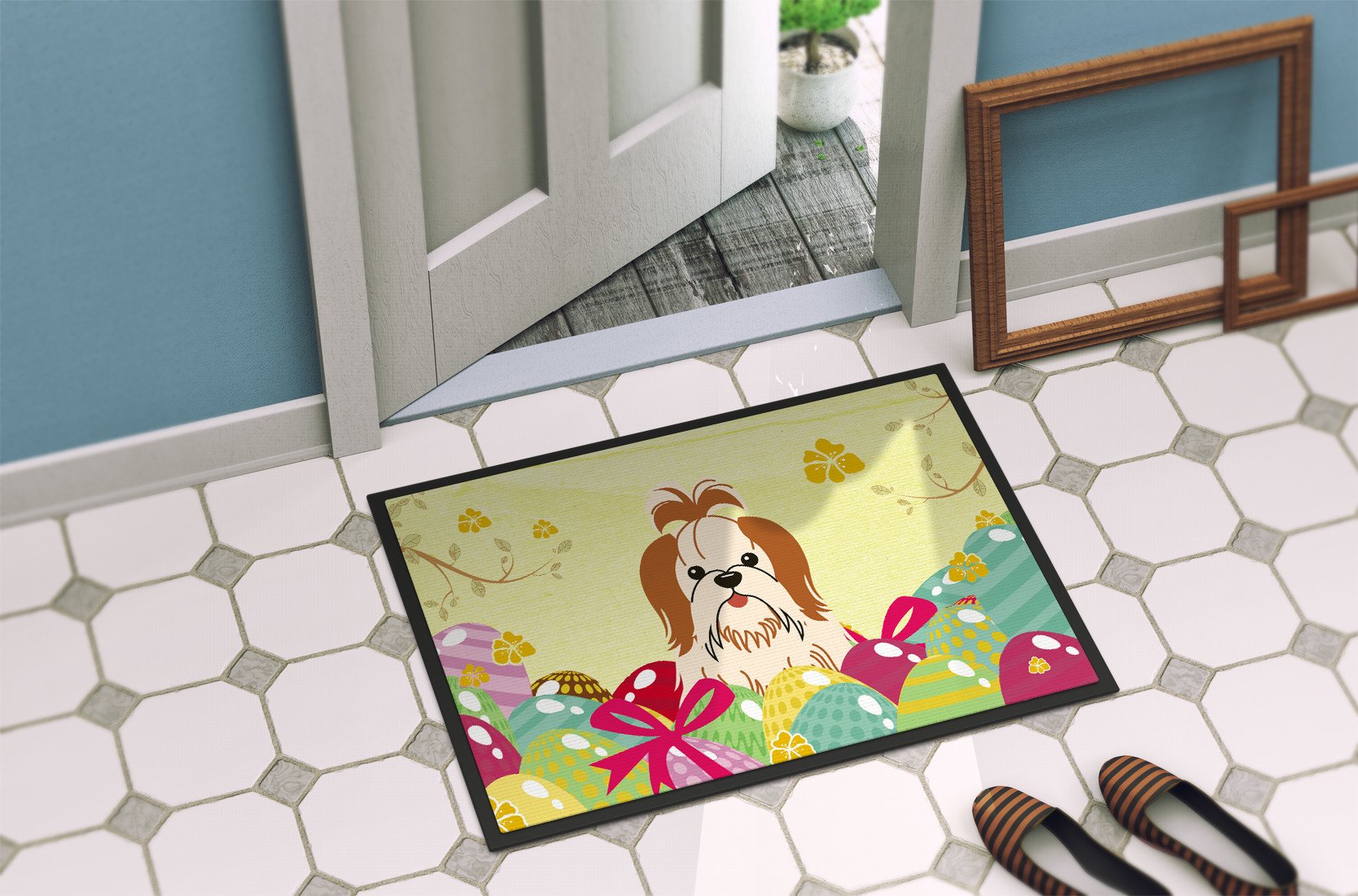 Easter Eggs Shih Tzu Red White Indoor or Outdoor Mat 24x36 BB6087JMAT by Caroline's Treasures