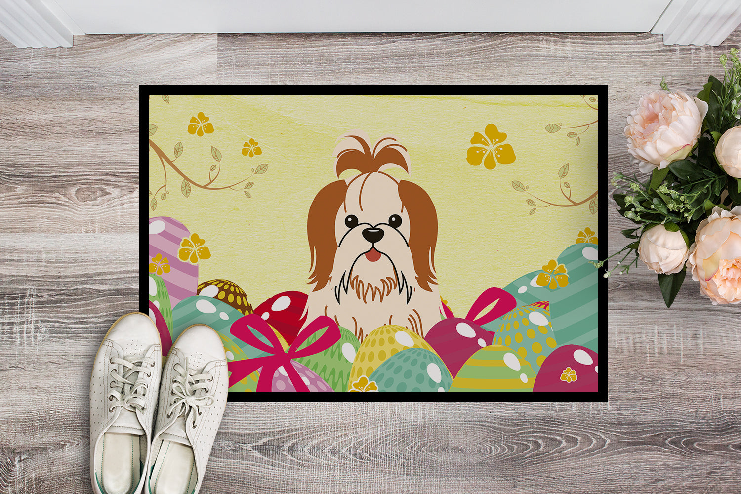 Easter Eggs Shih Tzu Red White Indoor or Outdoor Mat 18x27 BB6087MAT - the-store.com