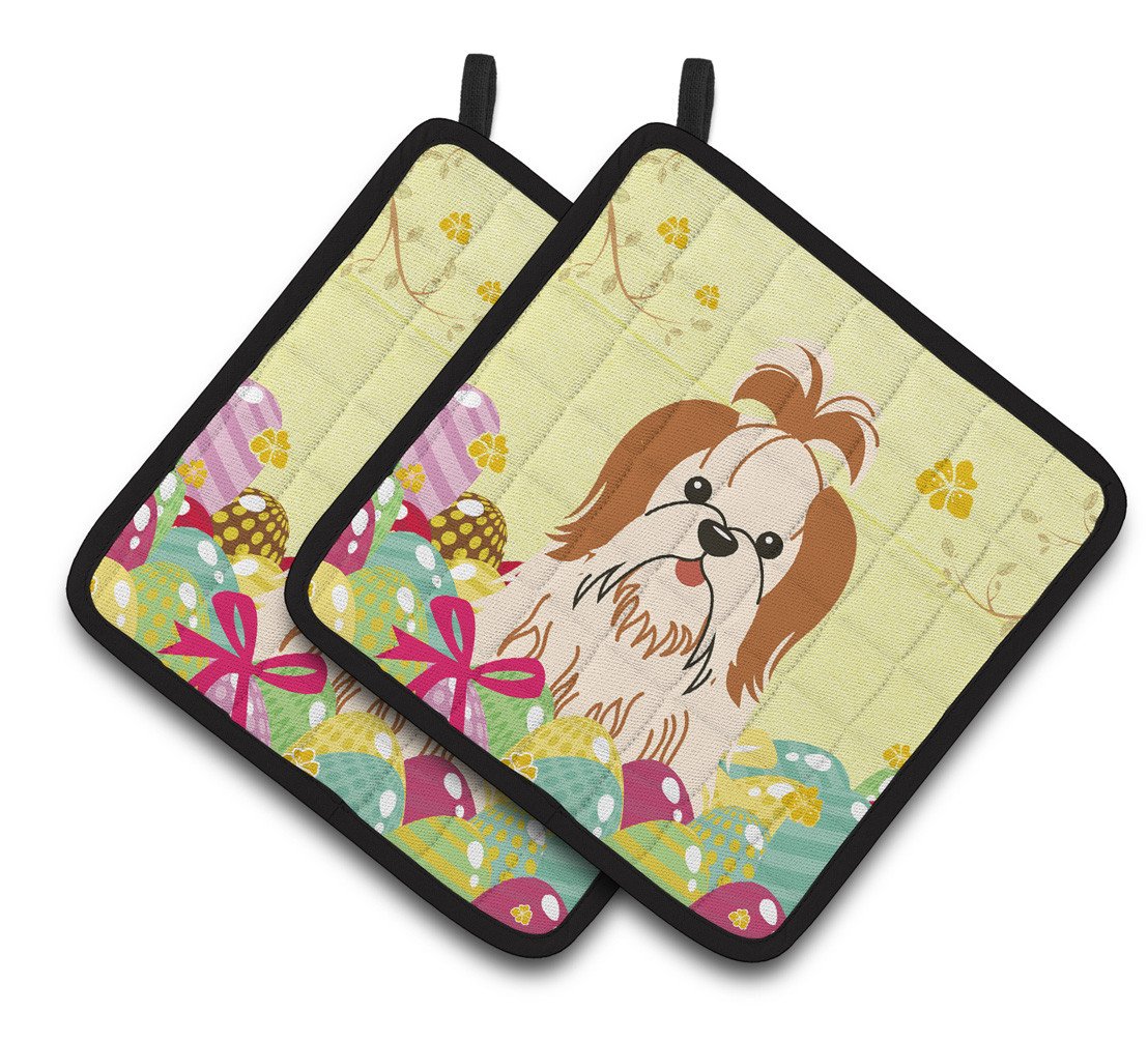 Easter Eggs Shih Tzu Red White Pair of Pot Holders BB6087PTHD by Caroline&#39;s Treasures