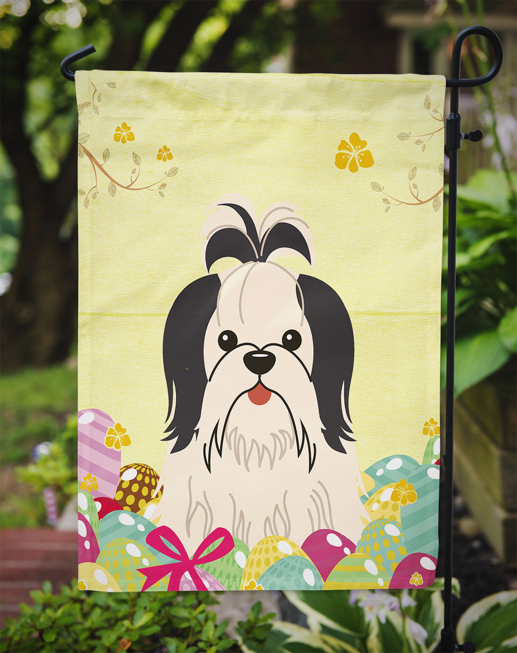 Easter Eggs Shih Tzu Black White Flag Garden Size BB6088GF  the-store.com.