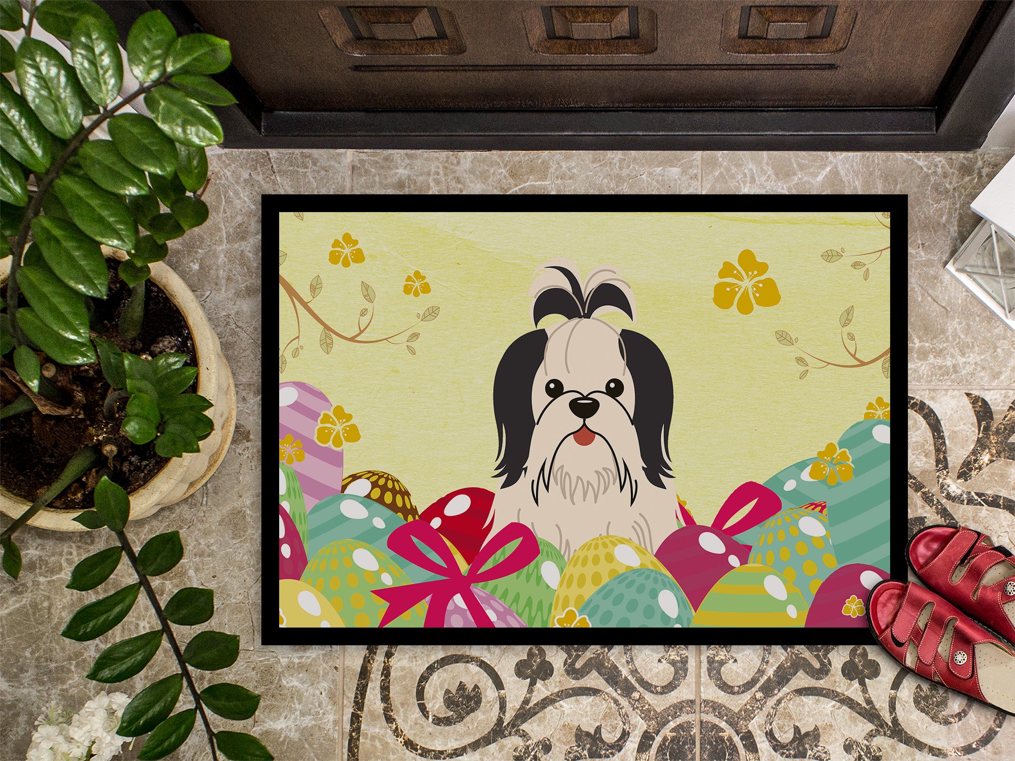 Easter Eggs Shih Tzu Black White Indoor or Outdoor Mat 18x27 BB6088MAT - the-store.com