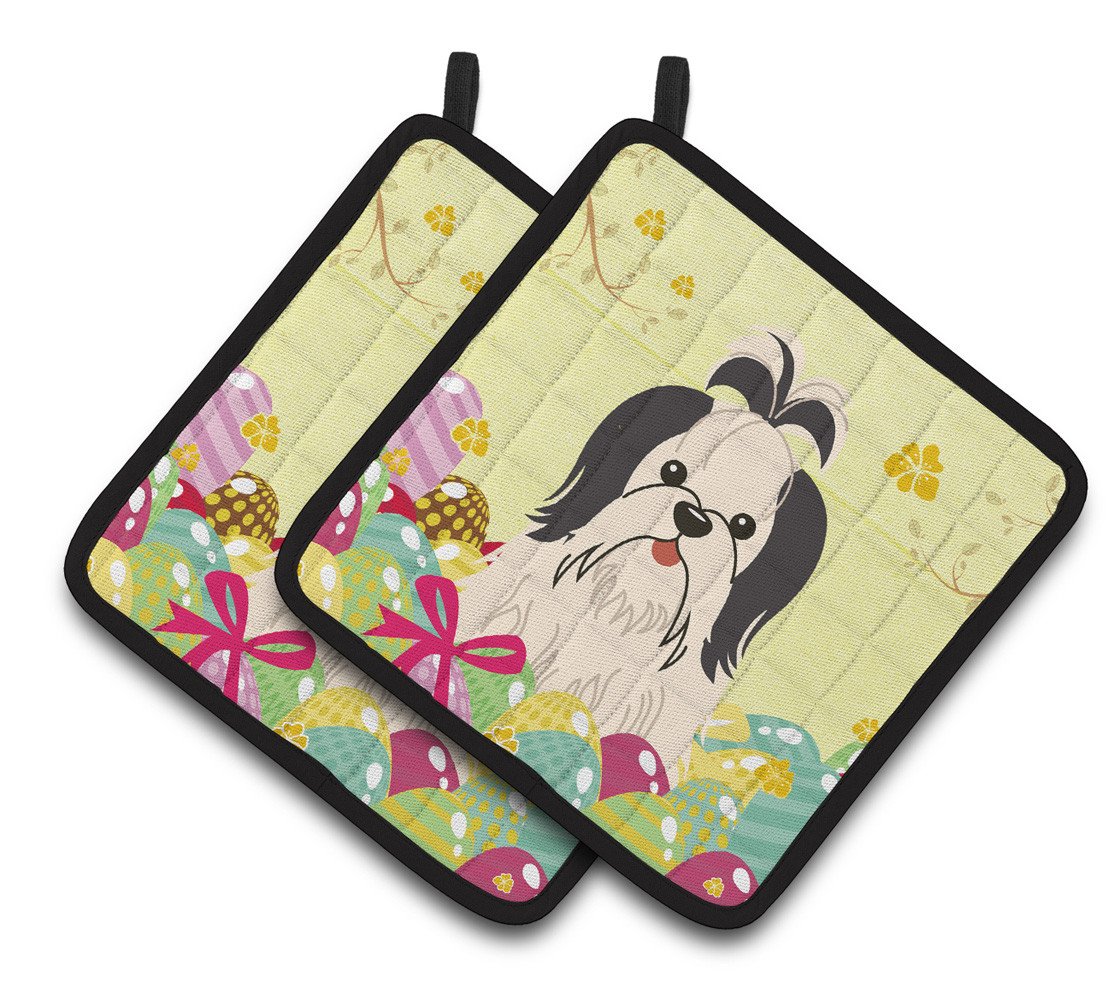 Easter Eggs Shih Tzu Black White Pair of Pot Holders BB6088PTHD by Caroline&#39;s Treasures