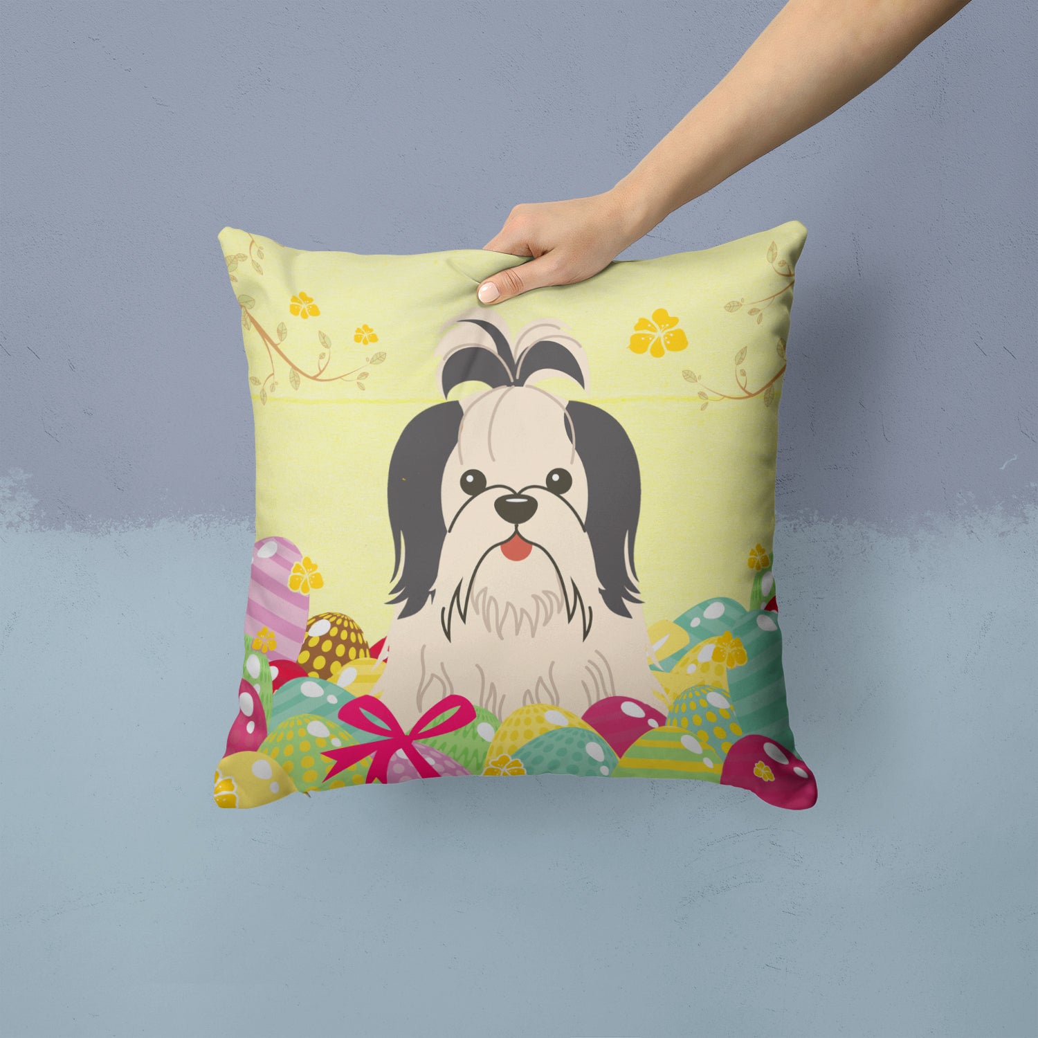 Easter Eggs Shih Tzu Black White Fabric Decorative Pillow BB6088PW1414 - the-store.com