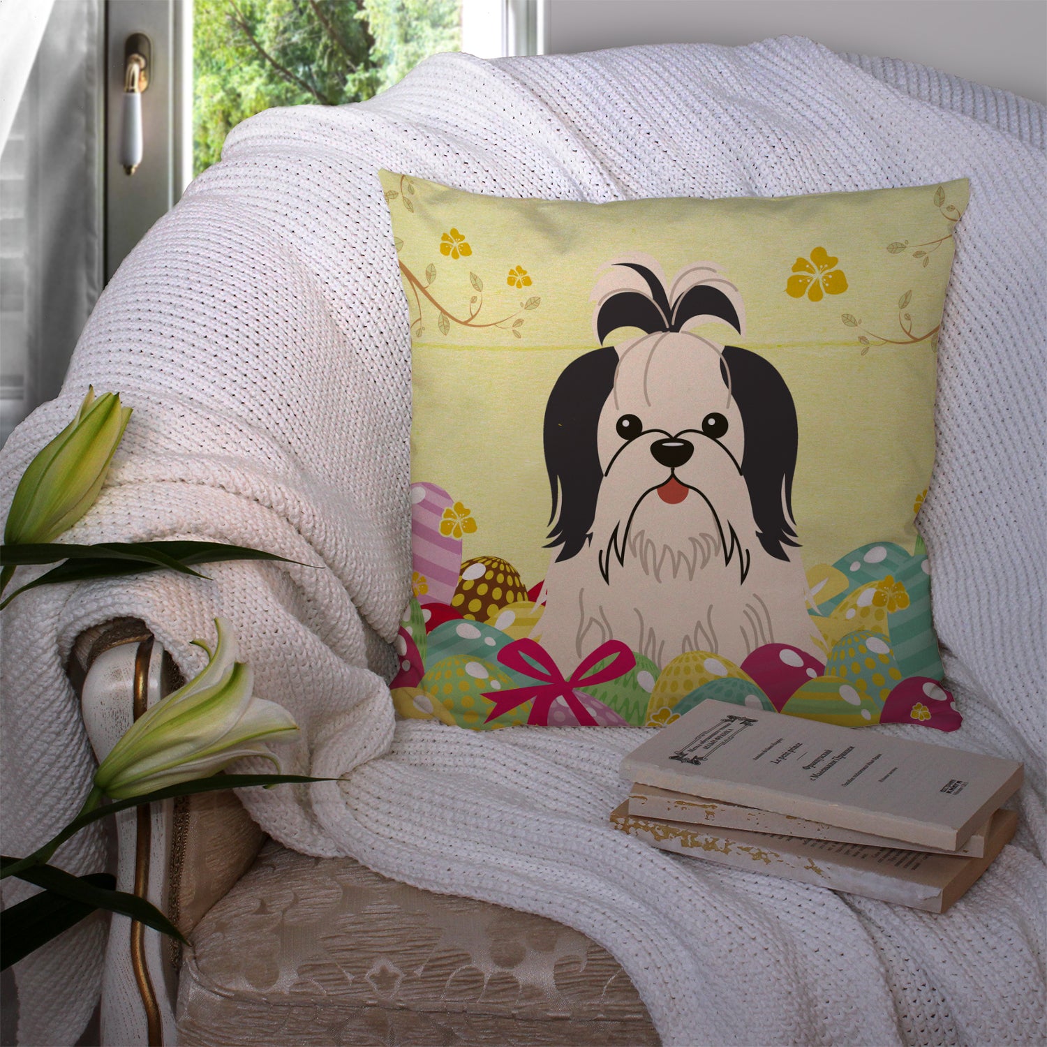 Easter Eggs Shih Tzu Black White Fabric Decorative Pillow BB6088PW1414 - the-store.com